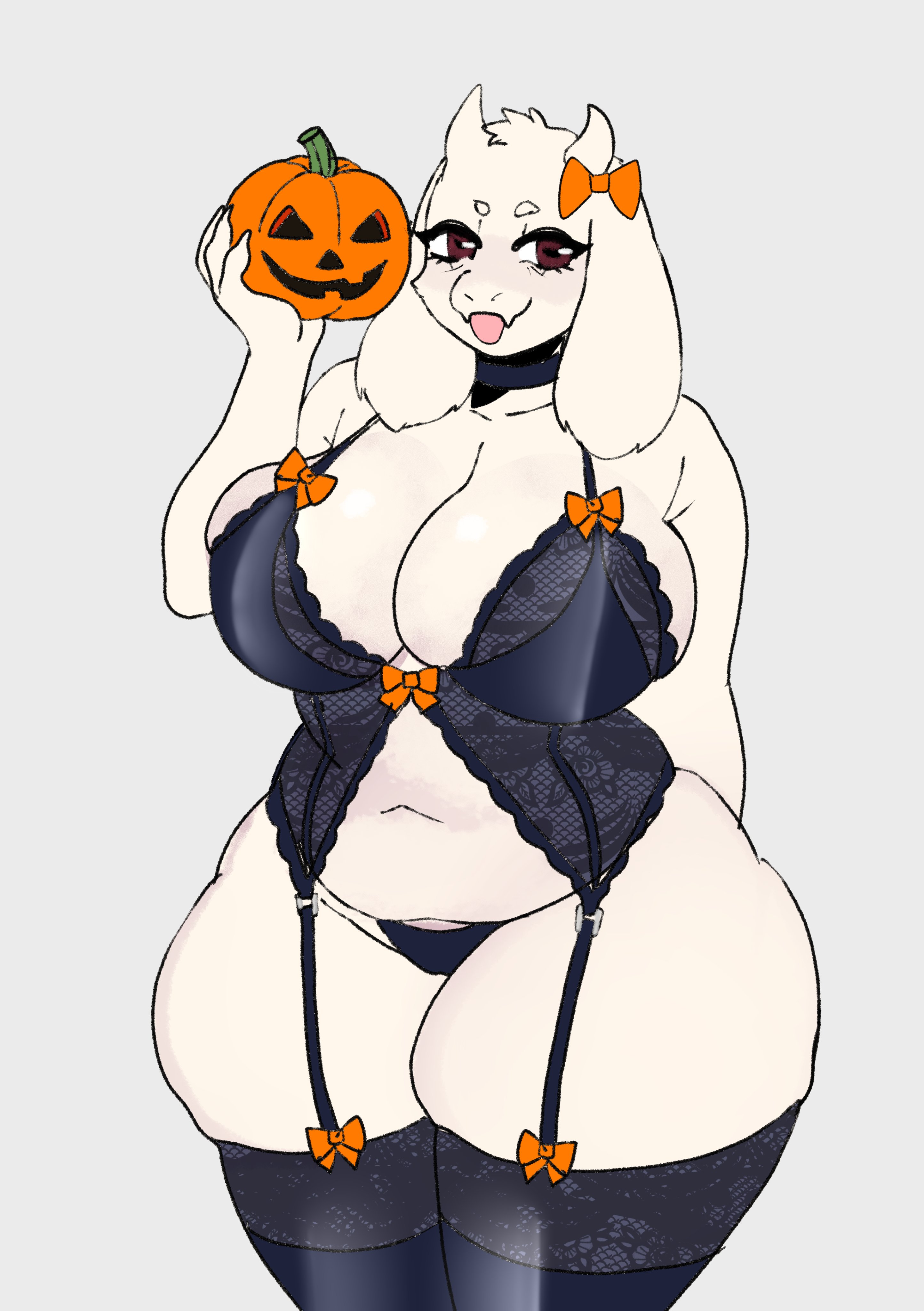2 horns, 2024, absurd res, accessory, anthro, belly, big breasts, boss monster (undertale), bovid, bow ribbon, breasts, caprine, choker, claws, clothed, clothed anthro, clothed female, clothing, curvy figure, digital drawing (artwork), digital media (artwork), eyelashes, female, finger claws, fingers, floppy ears, front view, fur, furry, gatoradeew, goat, hair accessory, hair ribbon, hairbow, halloween, hi res, holding jack-o'-lantern, holding object, holding pumpkin, holidays, horn, huge thighs, jack-o'-lantern, jewelry, legwear, lingerie, lop ears, mammal, mature anthro, mature female, navel, necklace, open mouth, orange bow, portrait, ribbons, simple background, slightly chubby, slightly chubby anthro, slightly chubby female, solo, thick thighs, thigh highs, three-quarter portrait, toriel, undertale, undertale (series), white body, white ears, white fur, white horn, wide hipped anthro, wide hipped female, wide hips, wrinkles