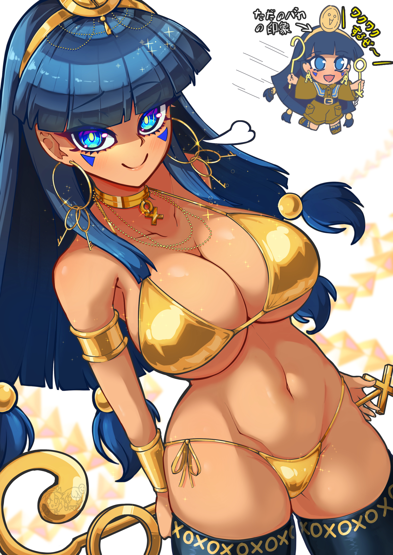 1girls, blue eyes, blue hair, breasts, chibi inset, choker, cleavage, dark skin, dark-skinned female, egyptian, egyptian female, facial tattoo, female, fub (fubimanji), gold (metal), golden bikini, golden earrings, hips, huge breasts, japanese text, jewelry, large breasts, michigami nareko, side-tie bikini, simple background, solo, thighhighs, thighs, touhou