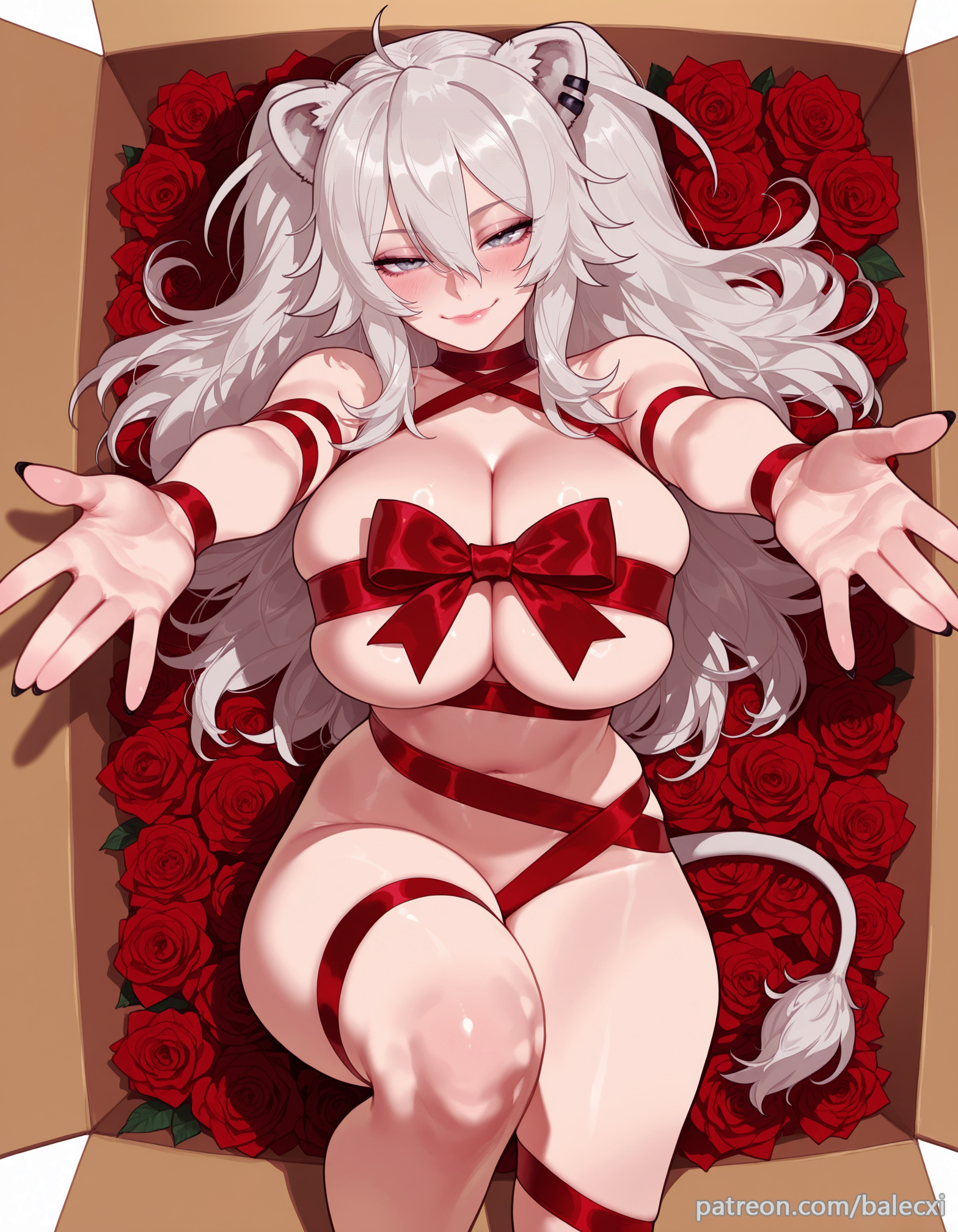 1girls, ahoge, ai generated, animal ears, balecxi, blush, box, breasts, cleavage, closed mouth, ear piercing, female, flower, girl in a box, grey eyes, grey hair, hair between eyes, hololive, hololive gen 5, hololive japan, huge breasts, in box, in container, lion ears, lion girl, lion tail, long hair, looking at viewer, naked ribbon, navel, on back, outstretched arms, patreon username, red flower, red ribbon, red rose, ribbon, shishiro botan, smile, solo, virtual youtuber, vtuber