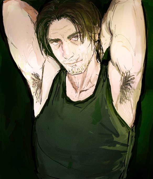 armpit crease, armpit fetish, armpit hair, armpit tuft, armpits, bara, bichianti, black tank top, brown eyes, brown hair, hair, jimmy (mouthwashing), male, male only, middle aged male, mouthwashing, mouthwashing (game), muscular, muscular male, smirking at viewer, stubble, tank top, teasing look, white male, yaoi