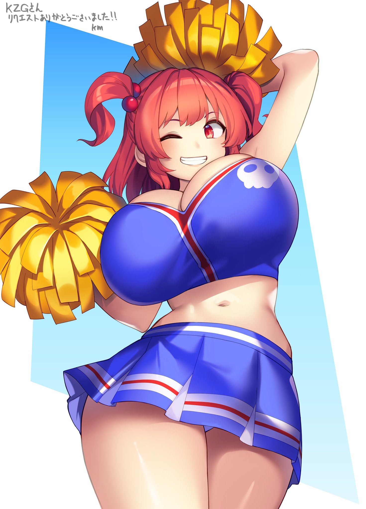 1girls, big breasts, breasts, cheerleader, cheerleader uniform, cleavage, clothed female, female, huge breasts, japanese text, komachi onozuka, light skin, light-skinned female, one eye closed, red eyes, red hair, solo, solo female, tarmo, thick thighs, thighs, touhou, touhou lost word, touhou lostword, twintails, watermark
