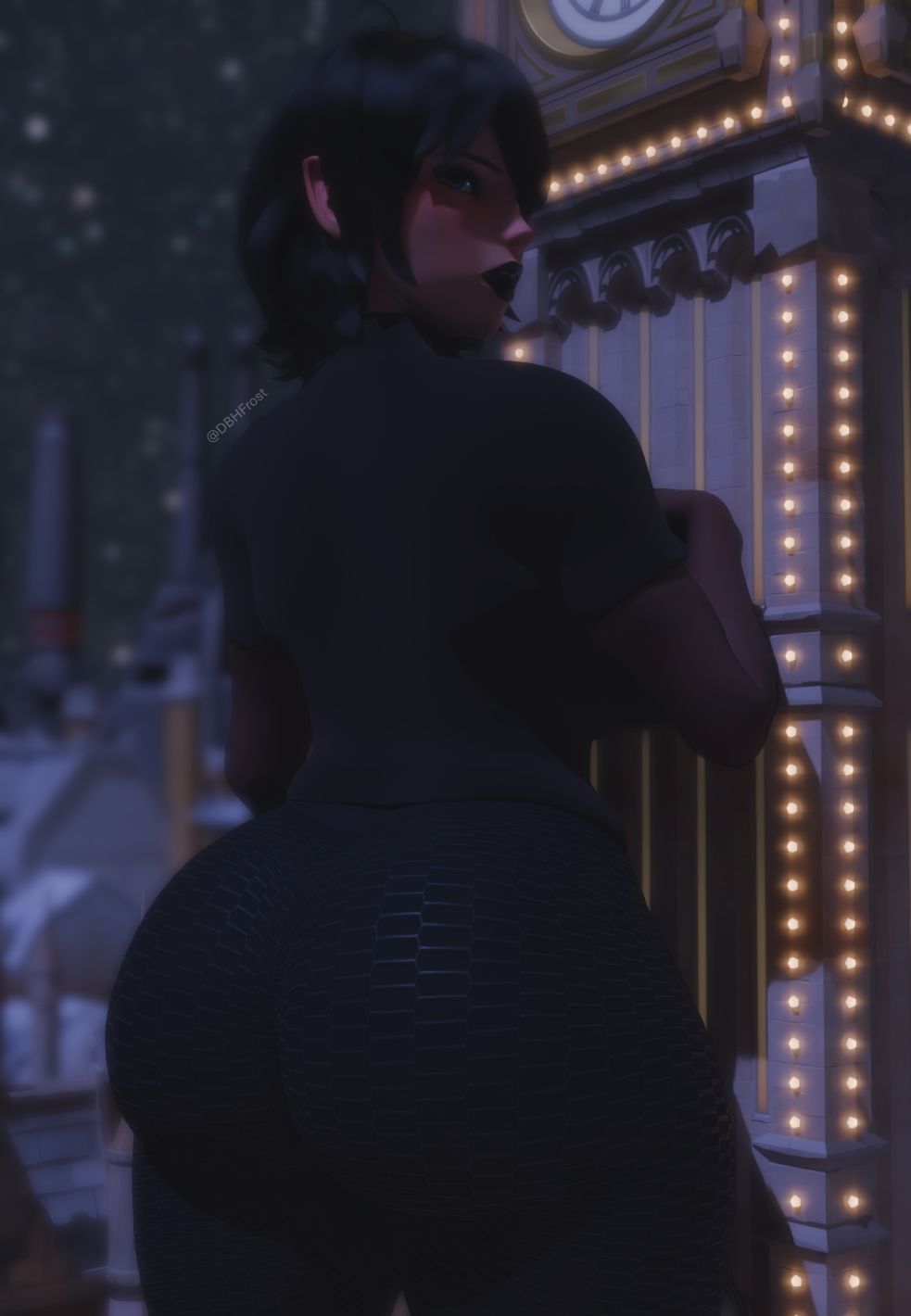1girls, alternate version, ass, behind view, big ass, big butt, black hair, black-haired female, clock tower, dbhfrost, female, from behind, from behind position, giant female, giant woman, giantess, hotel transylvania, huge ass, huge butt, light skin, light-skinned female, mavis dracula, monster, monster girl, pale skin, pale-skinned female, scrag mavis, vampire, vampire girl