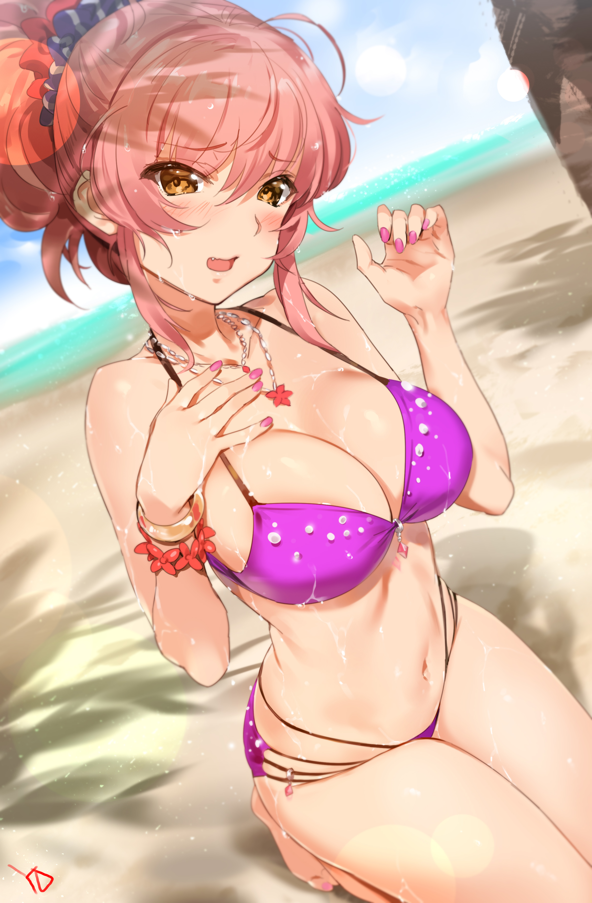 1girls, beach, big breasts, bikini, breasts, cleavage, female, idolmaster, idolmaster cinderella girls, jougasaki mika, nail polish, pink hair, pink nails, solo, yd (orange maru)