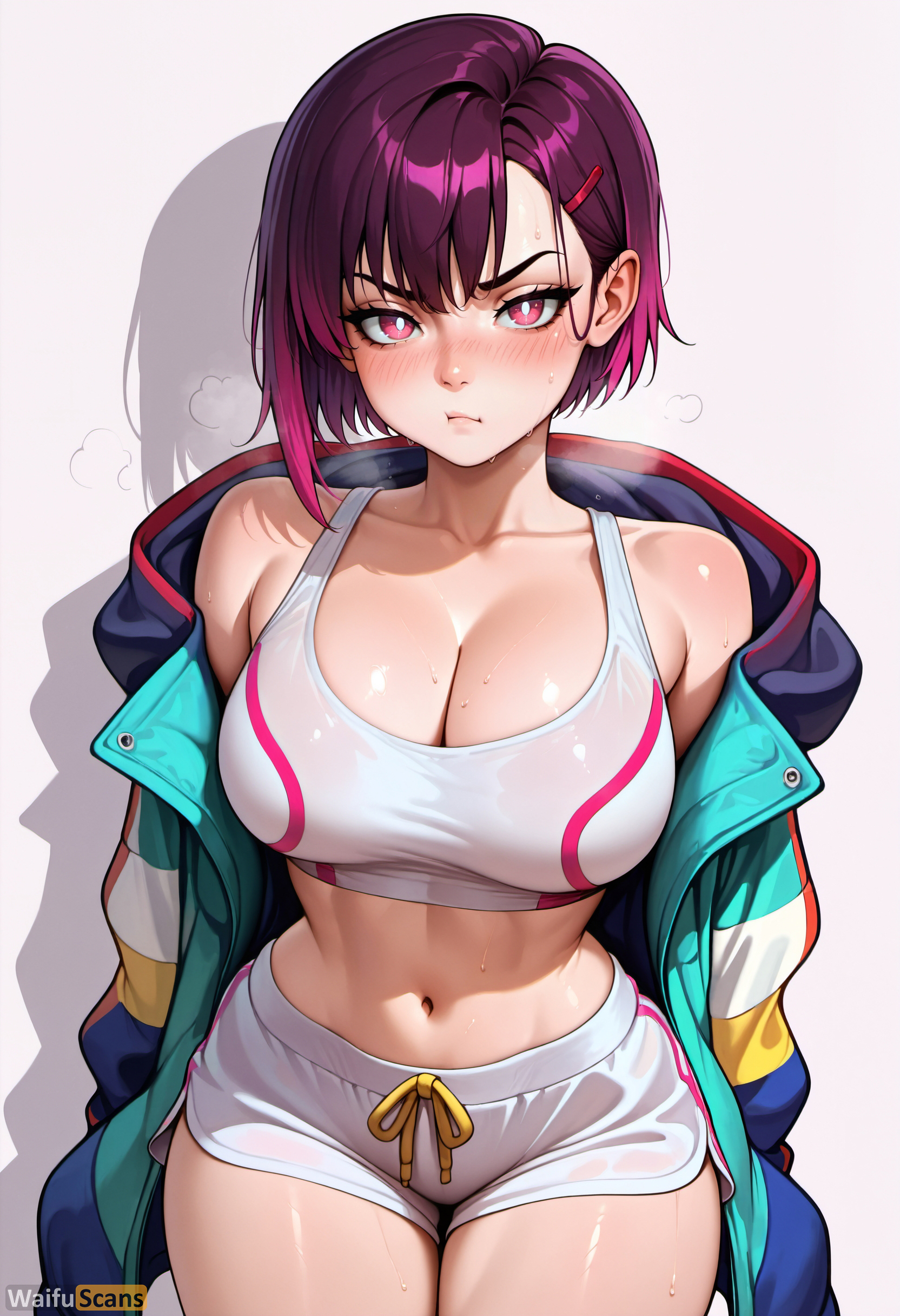 1girls, ai generated, bangs, bare shoulders, blush, breasts, bright pupils, cleavage, collarbone, female, hair ornament, hairclip, high resolution, highres, jacket, large breasts, looking at viewer, midriff, mikazuki shizuka, navel, open clothes, pink eyes, pink hair, pout, purple hair, purple-haired female, shiny, shiny skin, short hair, short shorts, shorts, simple background, solo, sports bra, stable diffusion, sweat, waifuscans418, white pupils, zom 100: zombie ni naru made ni shitai 100 no koto
