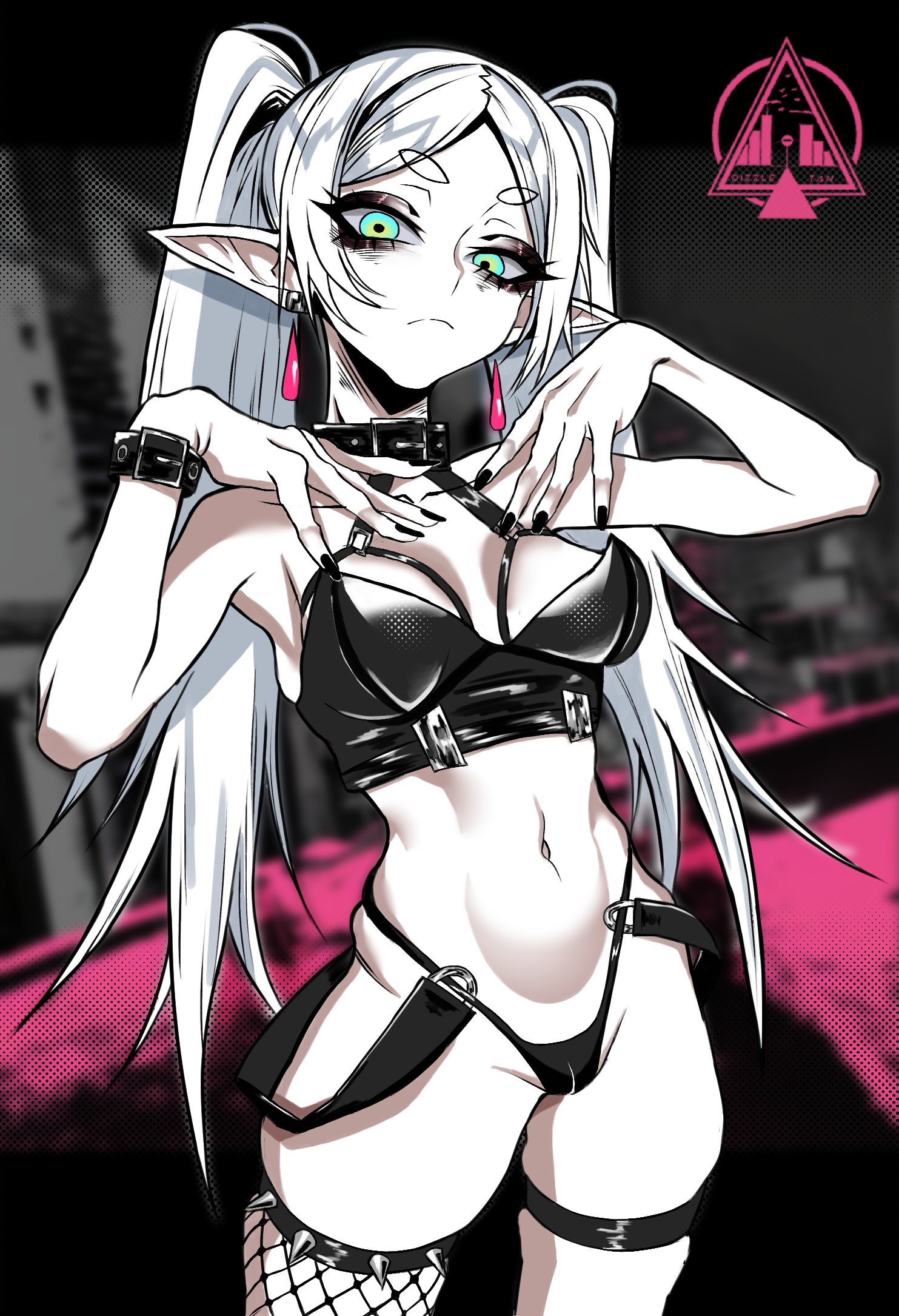 1girls, black nails, dizzle tan, elf ears, female, frieren, frieren beyond journey's end, goth, goth girl, looking at viewer, partially clothed, sousou no frieren, tagme, thighhighs