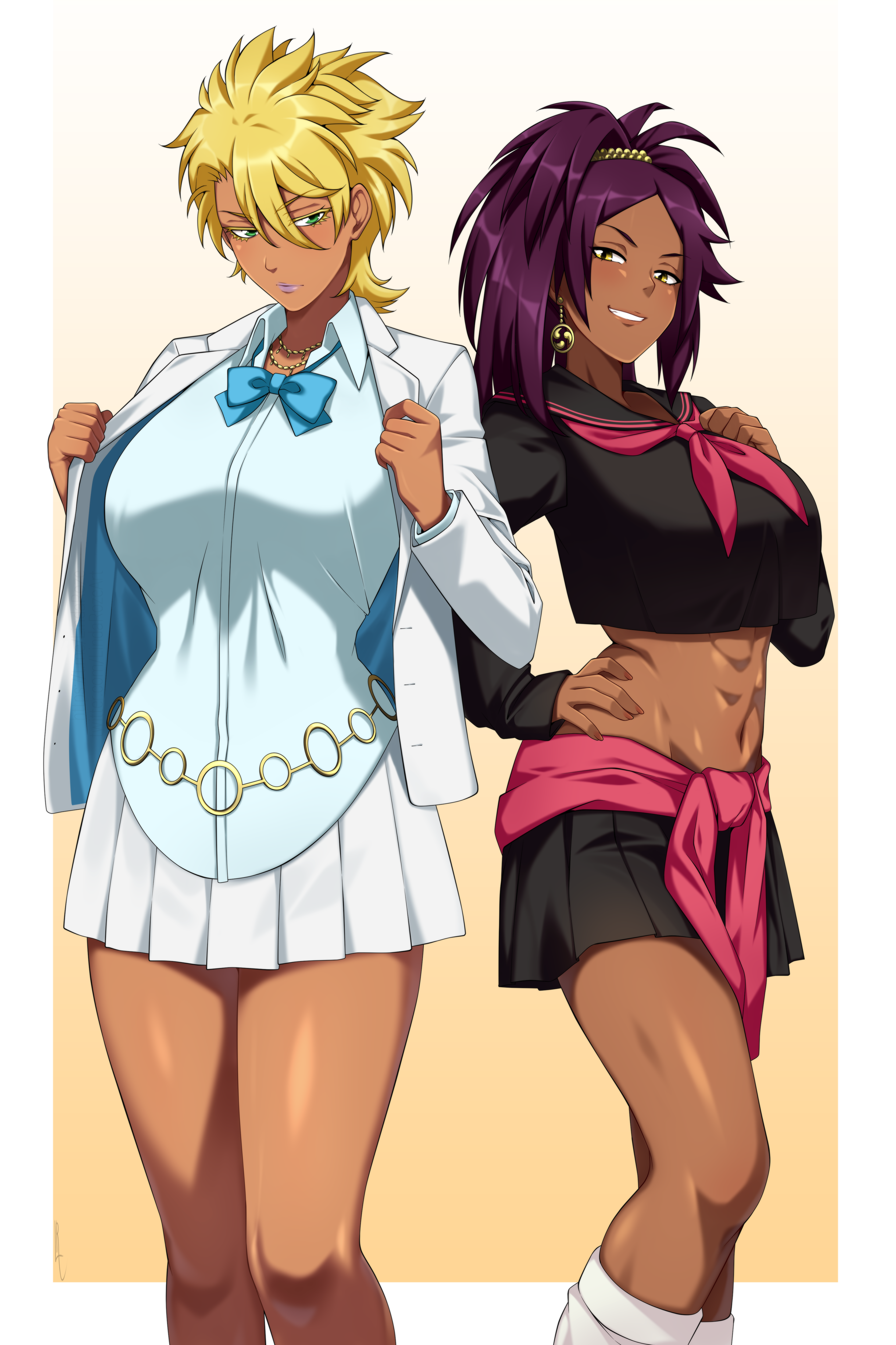 2girls, black clothing, bleach, blonde hair, blue bowtie, bowtie, earrings, female, fully clothed, green eyes, jewelry, lindaroze, purple hair, purple lipstick, shihouin yoruichi, tagme, tia harribel, tier harribel, white clothing, white jacket, yellow eyes