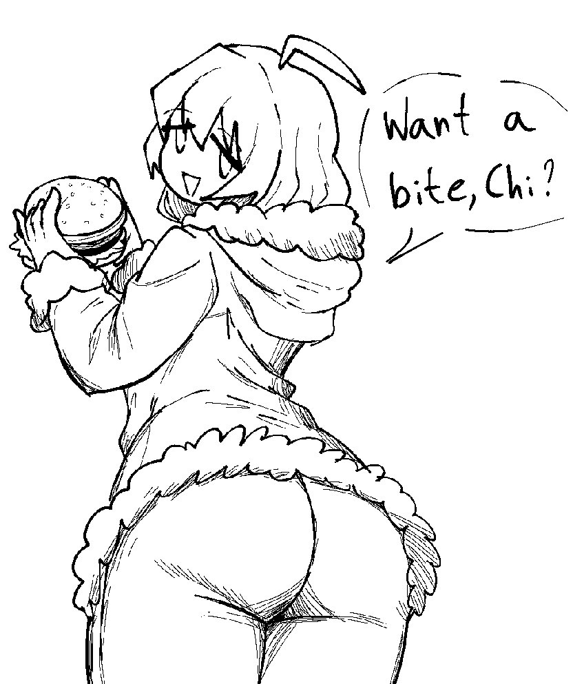 ass, ass focus, big ass, black and white, burger, coat, eating, shoujo shuumatsu ryokou, wholesome, yuuri (shoujo shuumatsu ryokou)