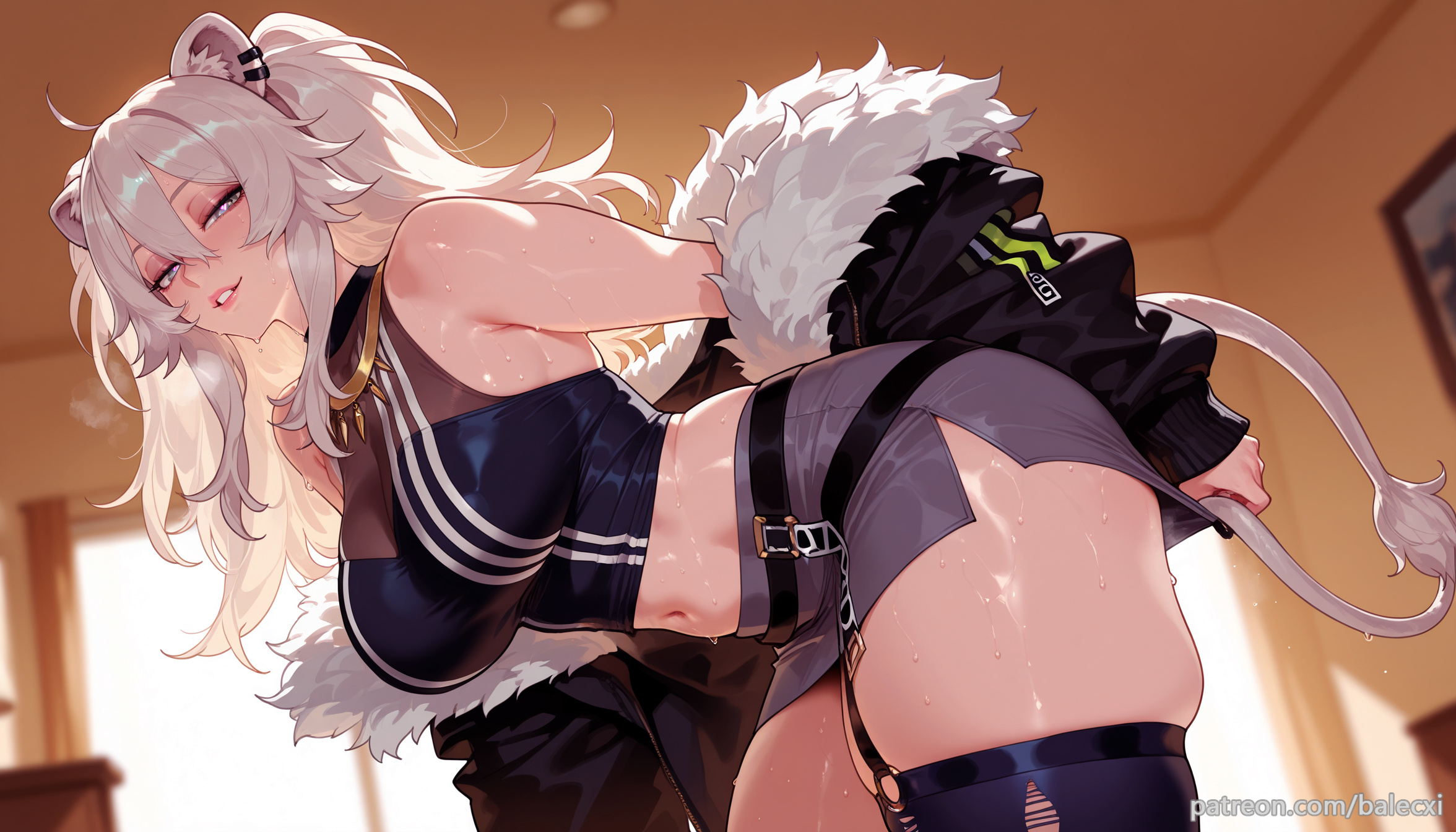 ahoge, ai generated, animal ears, balecxi, bare shoulders, breasts, cleavage, ear piercing, female, fur trim, fur-trimmed jacket, grey eyes, grey hair, hair between eyes, hololive, hololive gen 5, hololive japan, jewelry, large breasts, lion ears, lion girl, lion tail, long hair, looking at viewer, midriff, navel, necklace, off shoulder, see-through, see-through cleavage, shirt, shishiro botan, shishiro botan (1st costume), skindentation, skirt, sleeveless, solo, sweat, thick thighs, thighhighs, two side up, virtual youtuber, vtuber