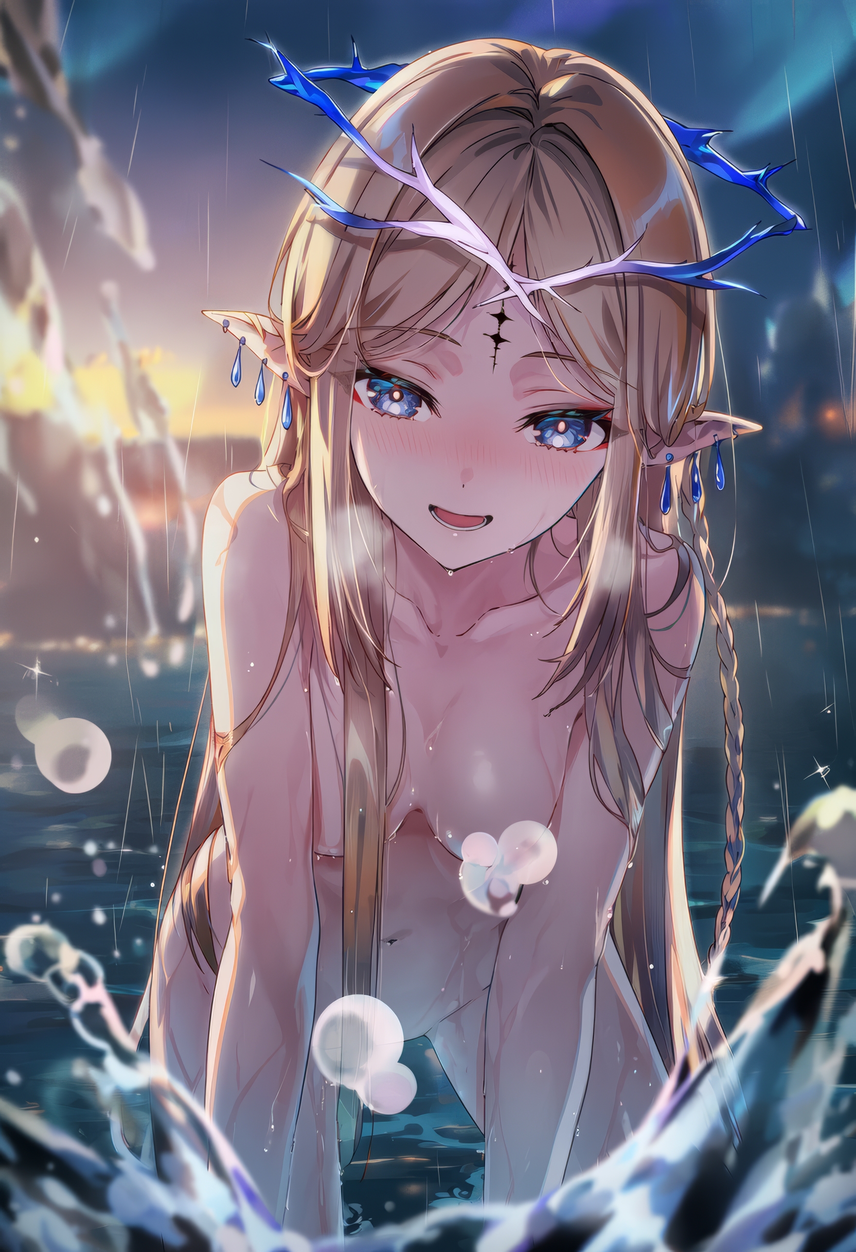 ai generated, blonde hair, breasts, cartethyia (wuthering waves), close-up, female, female only, naked, naked female, nipples covered, pussy, pussy covered, raaicave, sky background, small breasts, sunset, wuthering waves