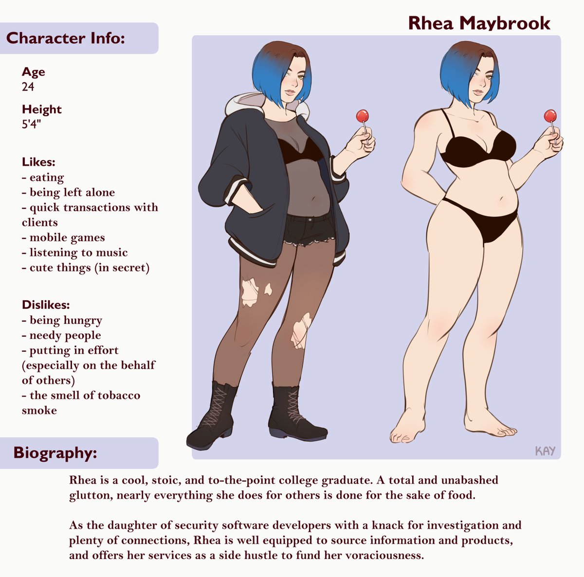 1girls, 2024, 2girls, ankle boots, bent arm, black boots, black bra, black lingerie, black panties, black shorts, blue hair, blue hoodie, blue-haired female, blush, bob cut, boots, bra, bra strap, bra visible through clothes, breasts, brown eyes, brown hair, brown-haired female, candy, character profile, character sheet, cleavage, clothed, clothed female, collarbone, colored, commission, curvy, curvy female, denim shorts, digital media (artwork), dual persona, dyed hair, english text, female, female only, food, front view, full body, full lips, gluttony, hand in pocket, holding candy, holding food, holding lollipop, holding object, hood down, hoodie, hourglass figure, hourglass figured female, jorts, kay inthedark, knee blush, leather boots, light skin, light-skinned female, lollipop, looking at viewer, medium breasts, model sheet, navel, navel visible through clothes, oc, open hoodie, original, original character, panties, pantyhose, parted lips, partially clothed, partially clothed female, puffy sleeves, reference sheet, revealing clothes, rhea maybrook, ripped pantyhose, roots showing, see-through clothing, see-through shirt, short shorts, shorts, shoulder blush, signature, simple background, slight blush, slightly chubby, slightly chubby female, solo, solo female, standing, text, three-quarter view, torn pantyhose, two-tone hair