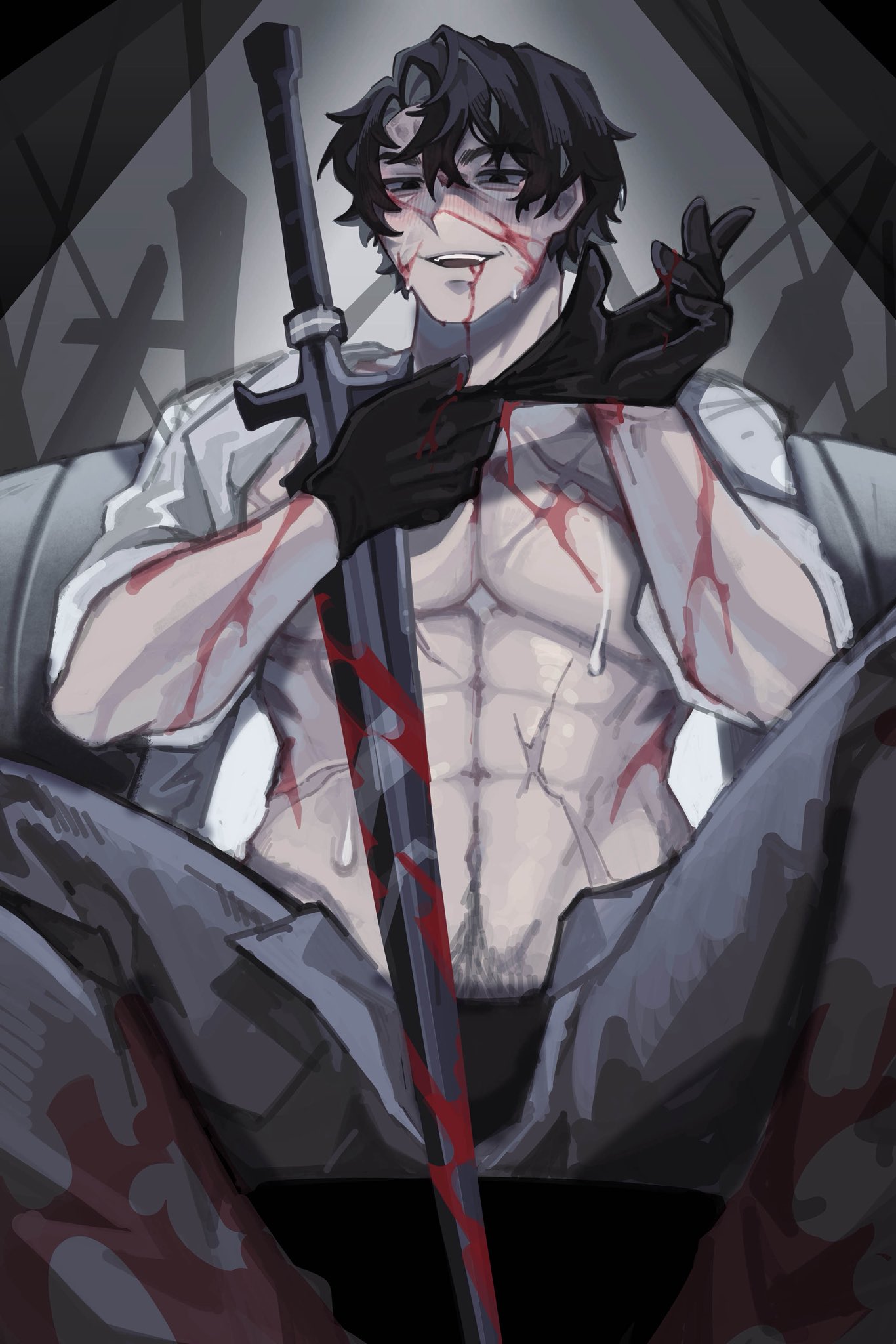 1boy, aftermath, bara, beannibun, black gloves, black hair, blood on face, bloodied clothing, breast scar, breasts, covered in blood, deep penetration, erect cock, erection, gay, gloves, holding blade, library of ruina, male, male only, muscular, muscular male, penis, project moon, pubic hair, roland (library of ruina), scarred face, scars, scars all over, sweat, sweating, torn face, underwear, underwear down, veiny penis, yaoi