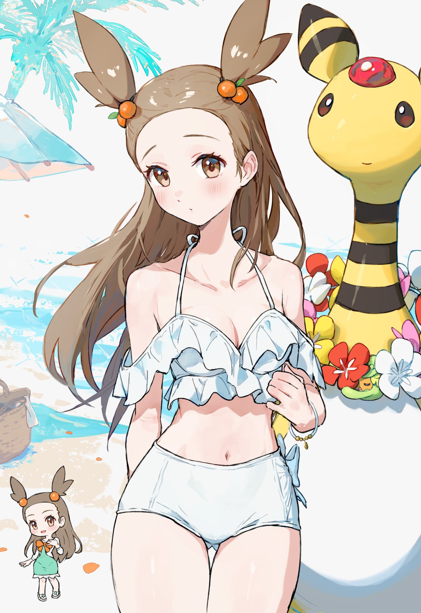 bare arms, bare belly, bare legs, bare shoulders, bare thighs, beach, belly button, bikini, blush, bracelet, breasts, brown eyes, brown hair, cleavage, closed mouth, collarbone, female, jasmine (pokemon), long hair, off shoulder, outdoors, pokemon, small breasts, thighs, white bikini, yosame0a