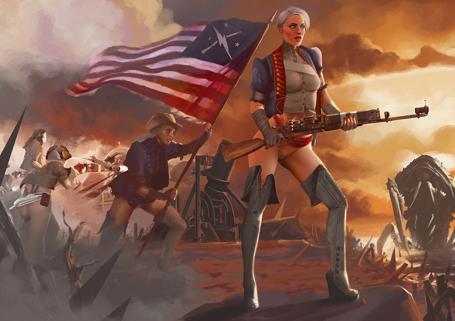 2017, 2d, 2d (artwork), 4girls, artillery, boots, bottomless, energy weapon, fallout, fallout 4, female, female focus, fighting, flag, genital piercing, human, human female, laser musket, light skin, light-skinned female, military uniform, minutemen, mirelurk, mirelurk (fallout), monster, no panties, no sex, oc, original character, outdoors, pussy, rifle, sky, standing, sunset, thekite, thigh boots, thighhighs, war, weapon