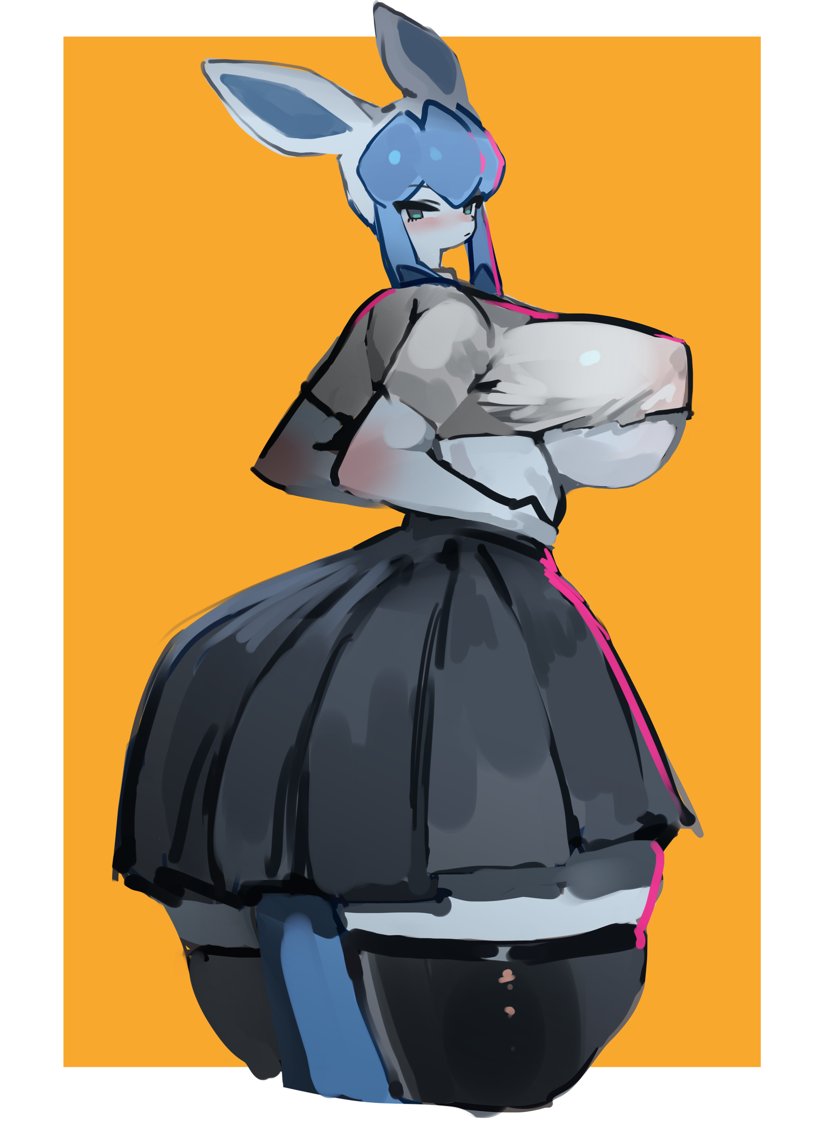 1girls, 2024, anthro, anthro female, anthro focus, anthro only, ass, black legwear, blue body, blue fur, blush, breasts, dress, female, female focus, female only, furry, furry ass, furry breasts, furry ears, furry female, furry only, furry tail, glaceon, huge ass, huge breasts, looking at viewer, looking back, massive ass, nintendo, pokemon, school uniform, schoolgirl, solo, solo female, solo focus, thick thighs, tight clothing, tight fit, underboob, utterangle, wide hips