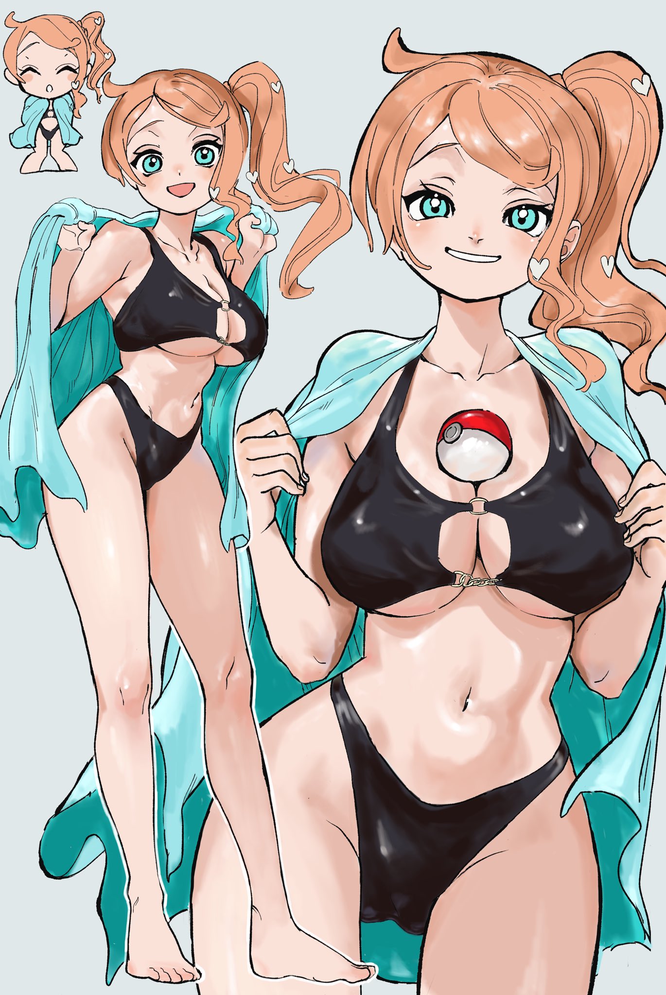 1girls, aqua eyes, bare shoulders, bikini, black bikini, blush, breasts, cleavage, closed eyes, collarbone, female, game freak, green eyes, hair ornament, heart, heart hair ornament, highres, large breasts, long hair, looking at viewer, navel, nintendo, open mouth, orange hair, orange-haired female, poke ball, poke ball (basic), pokemon, pokemon ss, pokemon swsh, side ponytail, simple background, smile, solo, sonia (pokemon), stomach, sukoyaka tsukasa, swept bangs, swimsuit, teeth, towel, underboob