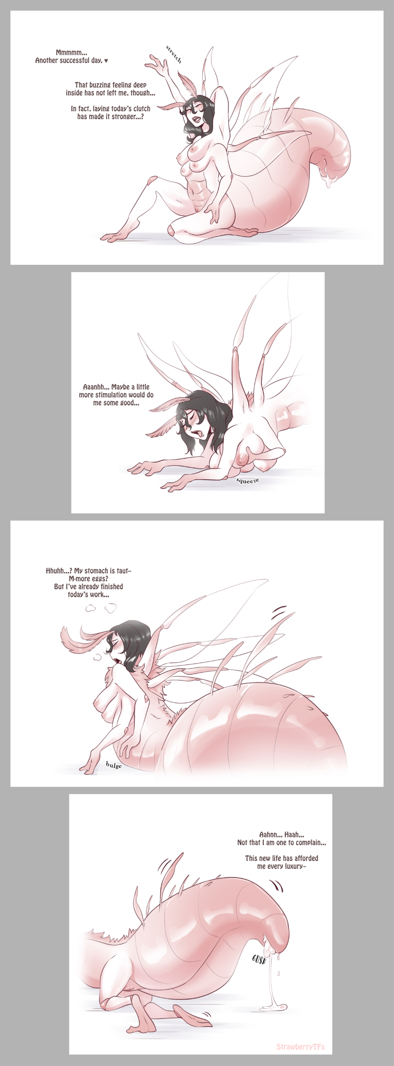 2022 3_fingers 4_arms antennae_(anatomy) anthro arthropod arthropod_abdomen artist_name biped black_hair bodily_fluids breasts closed_eyes cum dialogue english_text feet female fingers fondling genital_fluids genitals hair hi_res insect_wings looking_back_at_self matriarch_worm multi_arm multi_breast multi_limb nipples non-mammal_breasts non-mammal_nipples nude open_mouth pussy self_fondle sequence simple_background sitting solo strawberrytfs text toes transformation white_background wings