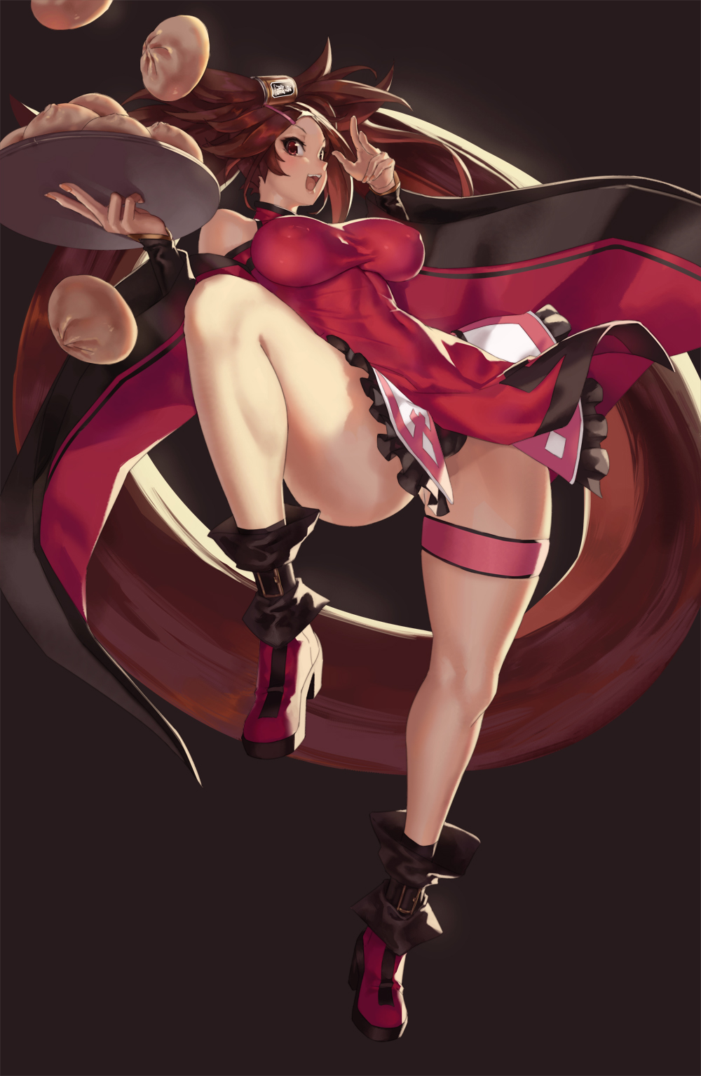 baozi brown_hair cameltoe chinese_dress dress dumpling erect_nipples eu03 female food guilty_gear kuradoberi_jam long_hair panties plate solo waitress