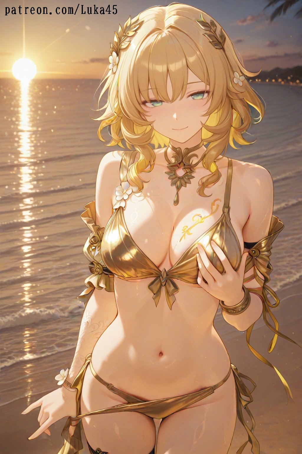 1girls, aglaea (honkai: star rail), ai generated, beach, bikini, blush, breast grab, breasts, female, gold bikini, gold bracelet, gold jewelry, green eyes, hair accessory, hair ornament, honkai: star rail, hoyoverse, luka45, mihoyo, navel, patreon, patreon reward, patreon url, patreon username, smile, smiling, smiling at viewer, solo, touching breast, wet, wet body