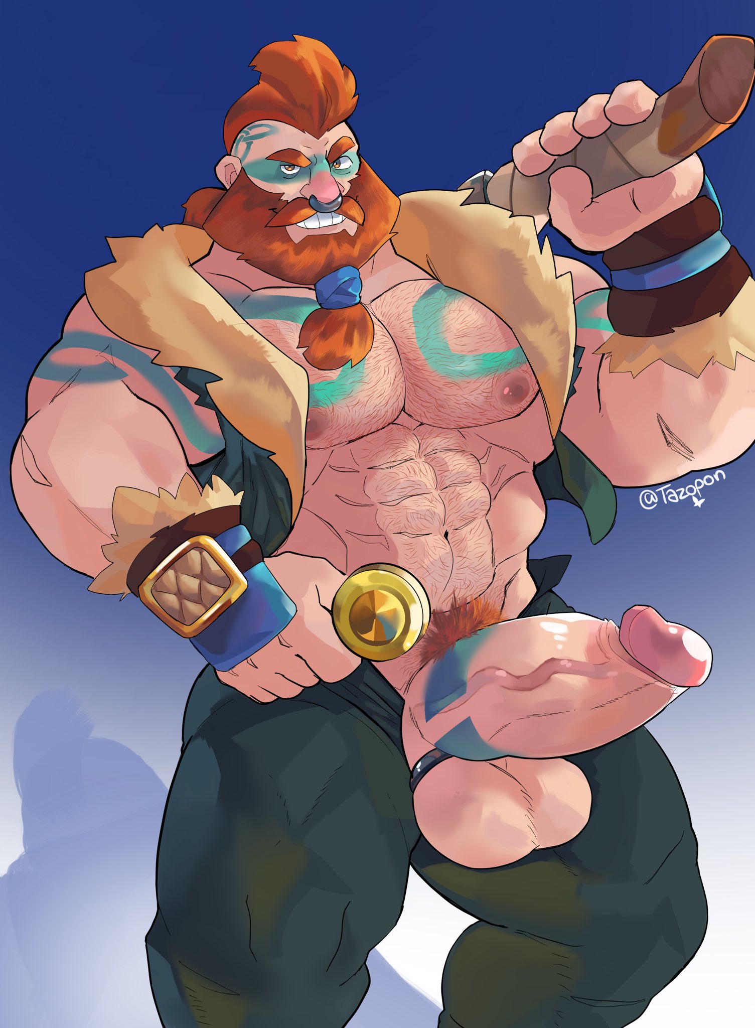 1boy, abs, alternate costume, artist name, balls, bara, big penis, body hair, boner, brawl stars, bull (brawl stars), chest hair, clothed, clothing, cock ring, erection, facial, facial hair, fat cock, gay, genitals, gloves, hair, hairy, hairy male, hi res, looking at viewer, male, male only, mostly nude, muscular, muscular male, navel, nipples, nose piercing, official alternate costume, orange hair, pecs, penis, penis out, piercing, pubic hair, solo, solo male, standing, tattoo, tattoos, tazopon, thick penis, thick thighs, tied hair, yaoi