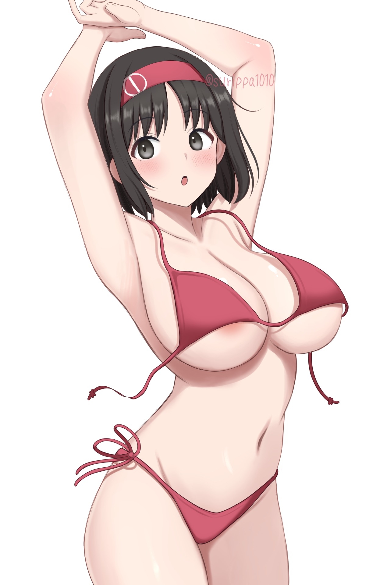 areola slip, armpits, arms up, bare arms, bare belly, bare legs, bare shoulders, bare thighs, belly button, bikini, black eyes, black hair, blush, body blush, breasts, cleavage, collarbone, erika (pokemon), female, groin, hairband, huge breasts, medium hair, navel, nintendo, parted lips, pokemon, red bikini, shiny skin, side tie bikini, side tie bikini bottom, side-tie bikini bottom, sideboob, surippa1010, thighs, underboob, untied, untied bikini, untied bikini top