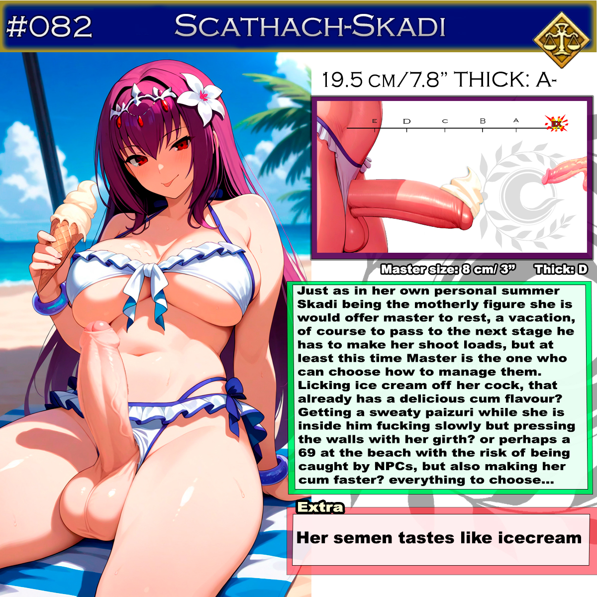 1futa, ai generated, beach, big breasts, breasts, character sheet, english, english text, fate (series), fate/grand order, futa only, futanari, ice cream, intersex, large breasts, light skin, light-skinned futa, multiple penises, penis, penis size difference, sasakiwiwi, scathach (fate), scathach skadi, size comparison, size difference, small penis, solo