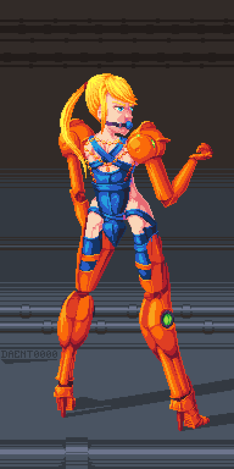 armbinder ball_gag blonde_hair blue_eyes bondage bound bound_arms daent exoskeleton female female_only femsub gag gagged high_heels metroid pixel_art png ponytail samus_aran