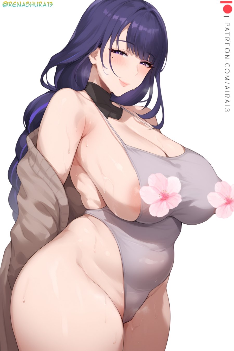1girls, ai generated, breasts, female, female focus, female only, genshin impact, large breasts, light skin, light-skinned female, looking at viewer, mole, mole under eye, one-piece swimsuit, raiden shogun, rena shura13, solo, swimsuit, white background, wide hips