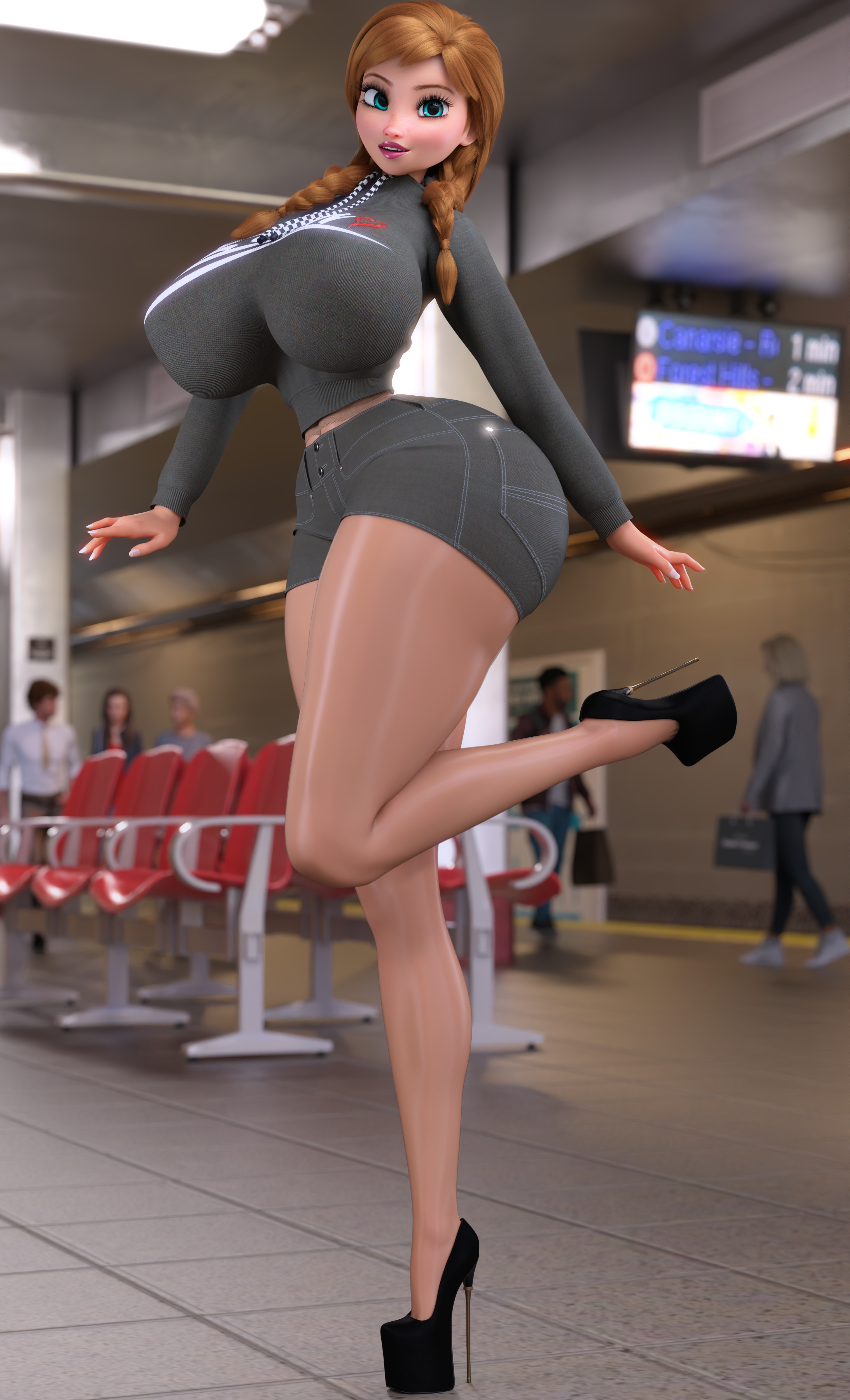 1girls, 3d, aged up, anna (frozen), ass, auburn hair, big ass, big breasts, bimbo body, bimbofied, braided hair, braided twintails, breasts, breasts bigger than head, busty, clothing, curvy, disney, disney princess, eyelashes, female, female focus, front view, frozen (film), fully clothed, giant breasts, high heels, highres, hourglass figure, huge ass, huge breasts, large breasts, legs, looking at viewer, midriff, outfit, pantyhose, pink lipstick, pose, princess, public, ruidx, shiny, shiny skin, shorts, solo, solo focus, standing, standing on one leg, stiletto heels, tight clothing