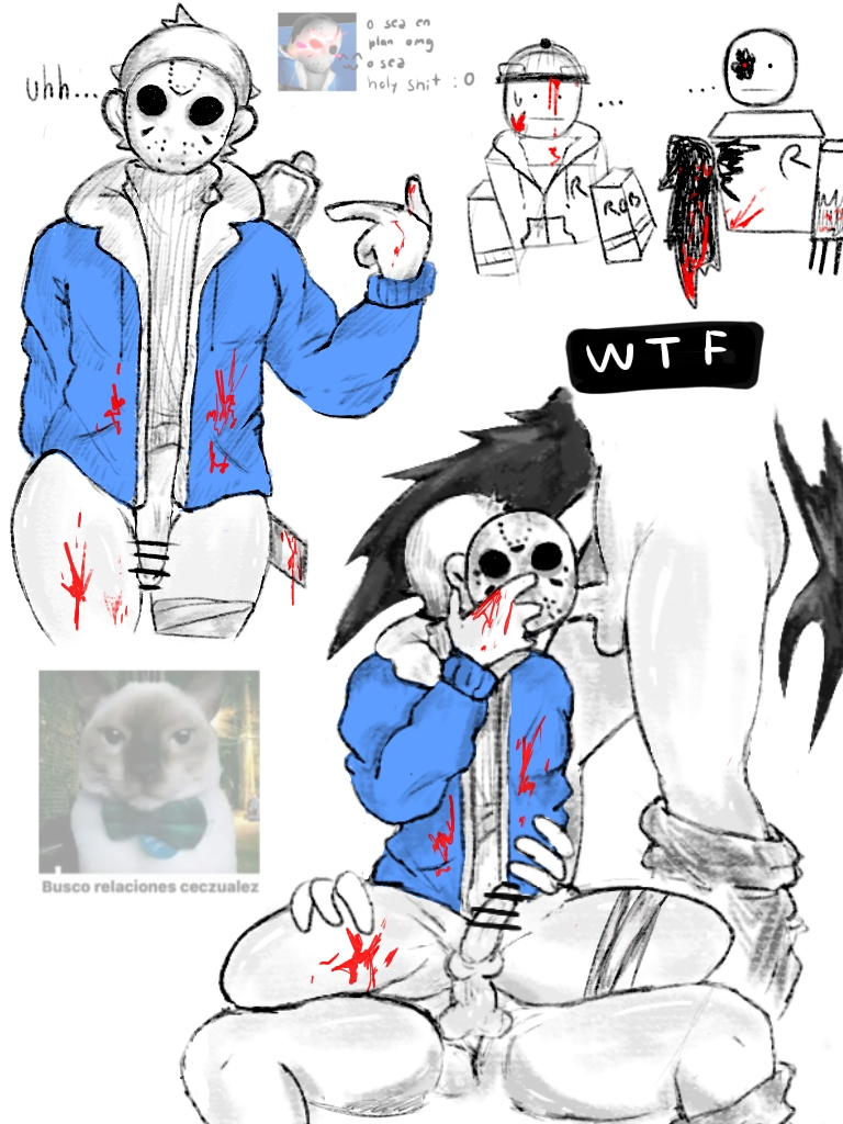 anal, balls, blocky body, blood on clothing, blood on face, blood on hand, blood on thighs, blood stain, blowjob, builderman, builderman (forsaken), censored penis, forsaken (roblox), gay, h20delirious, hidden face, jason (forsaken), jason voorhees, john doe (forsaken), looking at viewer, male, masked male, oral, penis, pointing at self, pouyo, roblox, roblox game, robloxian, self upload, tagme, threesome, yaoi