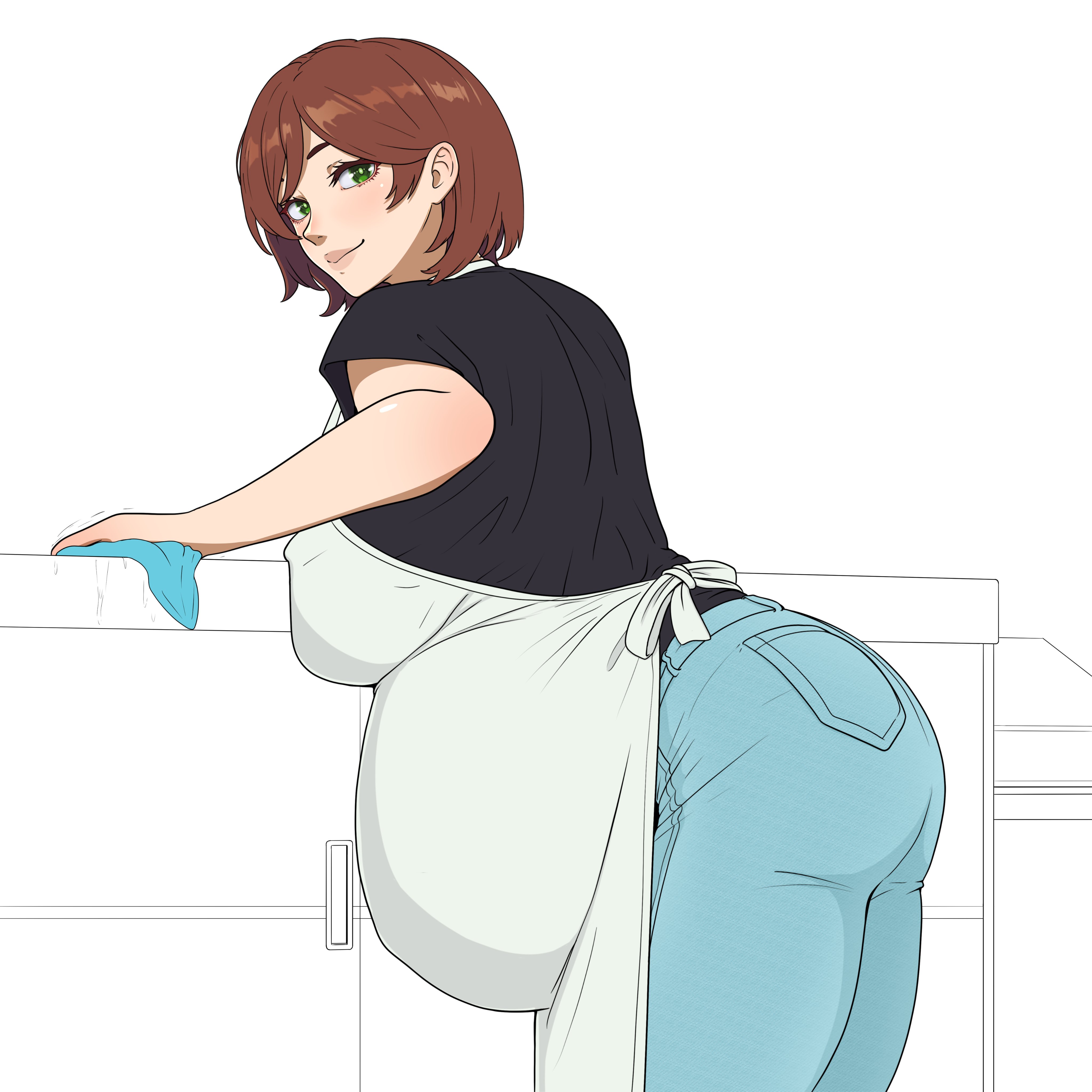 1girls, apron, ass, big breasts, big hero 6, black shirt, blue pants, bottomwear, breasts, brown hair, cass hamada, clothing, female, female only, green eyes, hair, kristiadder, marvel, marvel comics, mature, mature female, mature woman, milf, pants, pregnant, pregnant belly, pregnant female, shirt, short hair, solo, solo female, topwear, white apron, wife material