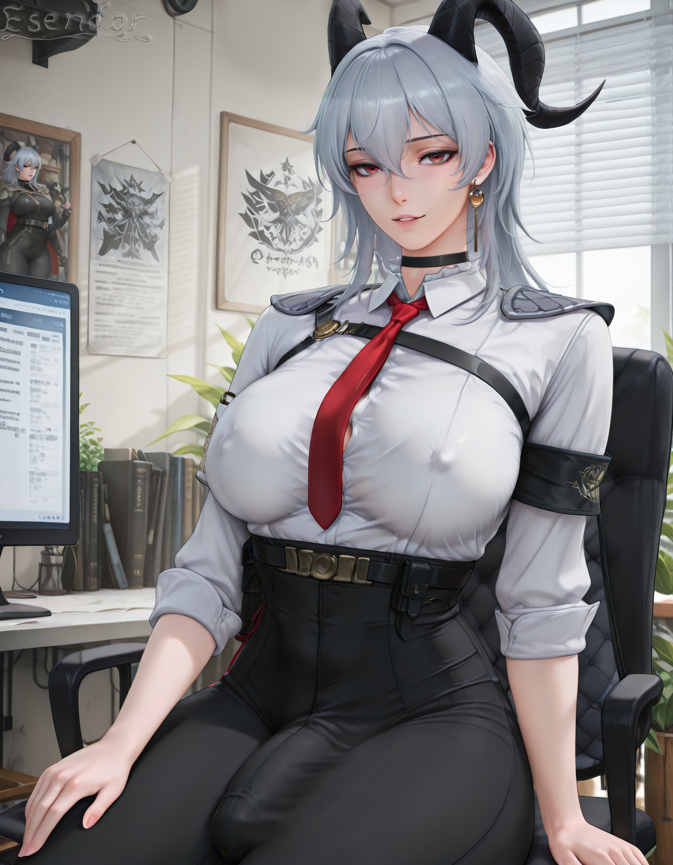 1futa, ai generated, big penis, demon horns, dickgirl, erect nipples under clothes, erection under clothes, esendor, futanari, intersex, looking at viewer, office lady, penis, red eyes, solo, stable diffusion, wuthering waves, zani (wuthering waves)