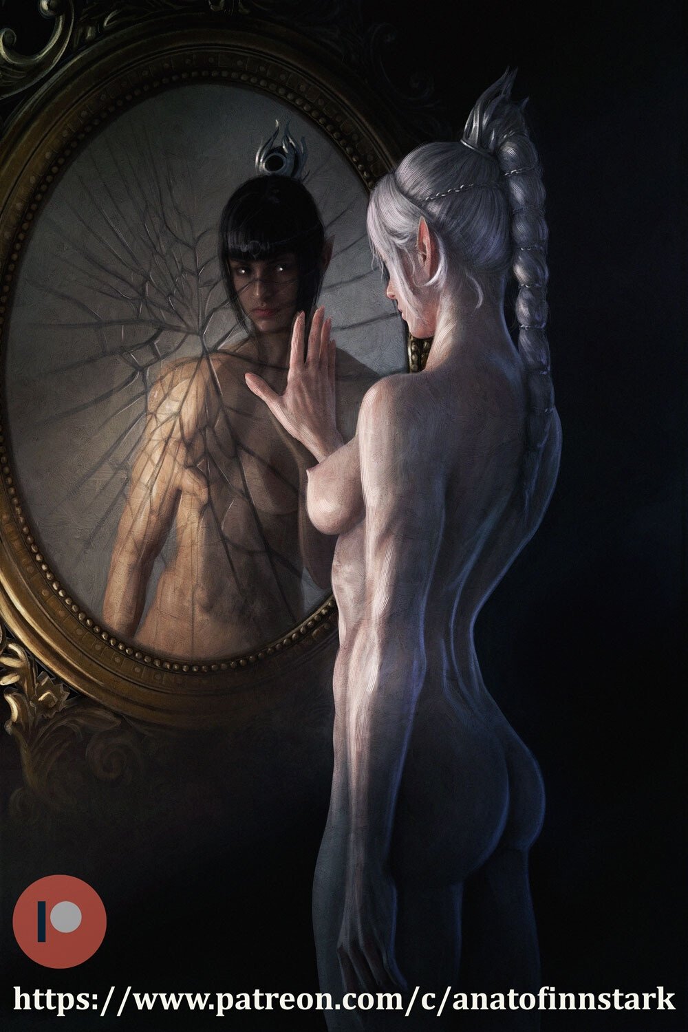 anato finnstark, areola, artistic, artistic nude, ass, baldur's gate, baldur's gate 3, bare arms, bare ass, bare breasts, bare midriff, bare shoulders, black hair, breasts, breasts apart, breasts out, broad shoulders, buttocks, casual, clavicle, curvaceous, curvaceous figure, curves, curvy, curvy body, curvy female, curvy figure, curvy hips, digital painting (artwork), dungeons and dragons, female, female focus, female only, forgotten realms, fully naked, fully nude, hourglass figure, larian studios, light skin, light-skinned female, medium breasts, mirror, mirror reflection, no visible genitalia, nonsexual, nonsexual nudity, nude, nude female, pale skin, pale-skinned female, perky breasts, perky nipples, pink nipples, pinup, realistic, realistic breast size, realistic proportions, realistic textures, reflection, shadowheart, sideboob, solo, solo female, solo focus, tasteful, tasteful nudity, toned, toned female, white hair, white skin, wide hips