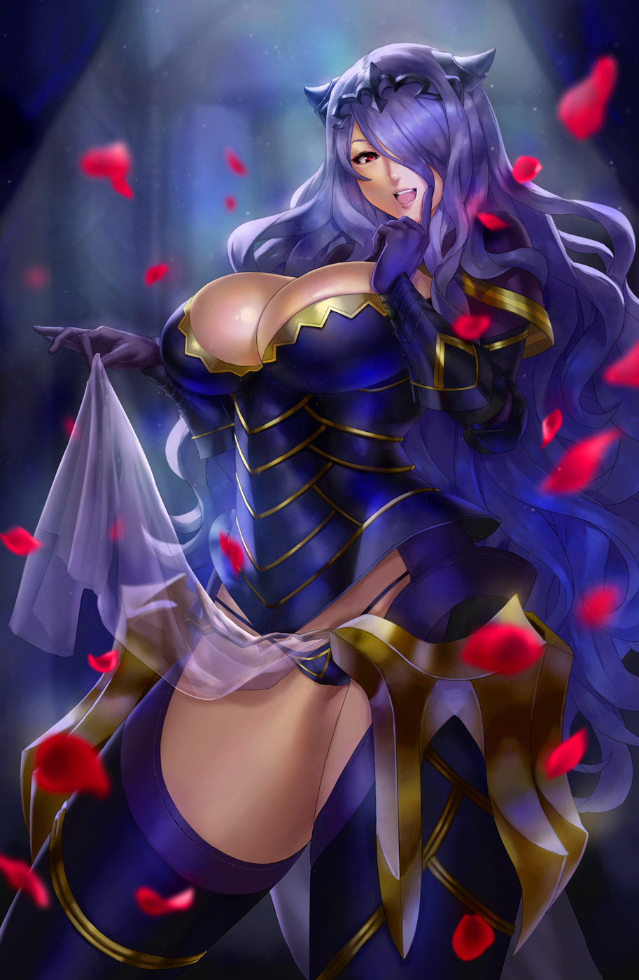breasts, camilla (fire emblem), cleavage, eu03, female, fire emblem, fire emblem fates, gloves, large breasts, loincloth, long hair, nintendo, purple gloves, purple hair, solo, standing, thong