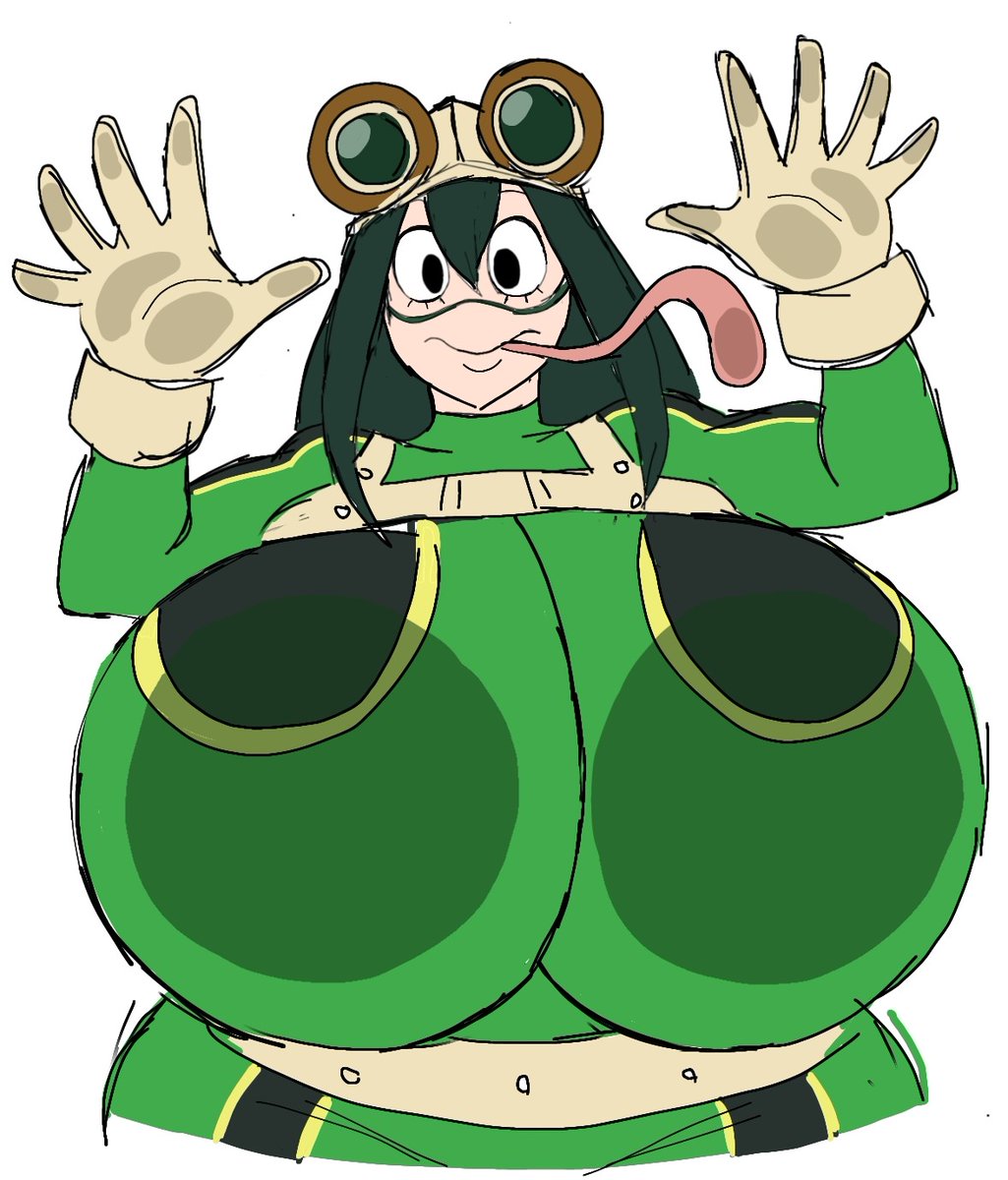 1girls, 2d (artwork), absolute cinema, aged up, boku no hero academia, breasts, breasts bigger than head, female, frog girl, frog tongue, froppy, gloves, green clothing, hero outfit (mha), hips, large breasts, long tongue, looking at viewer, momiji (artist), my hero academia, superhero costume, superheroine, tongue, tongue out, tsuyu asui, white background, wide eyed, wide hips