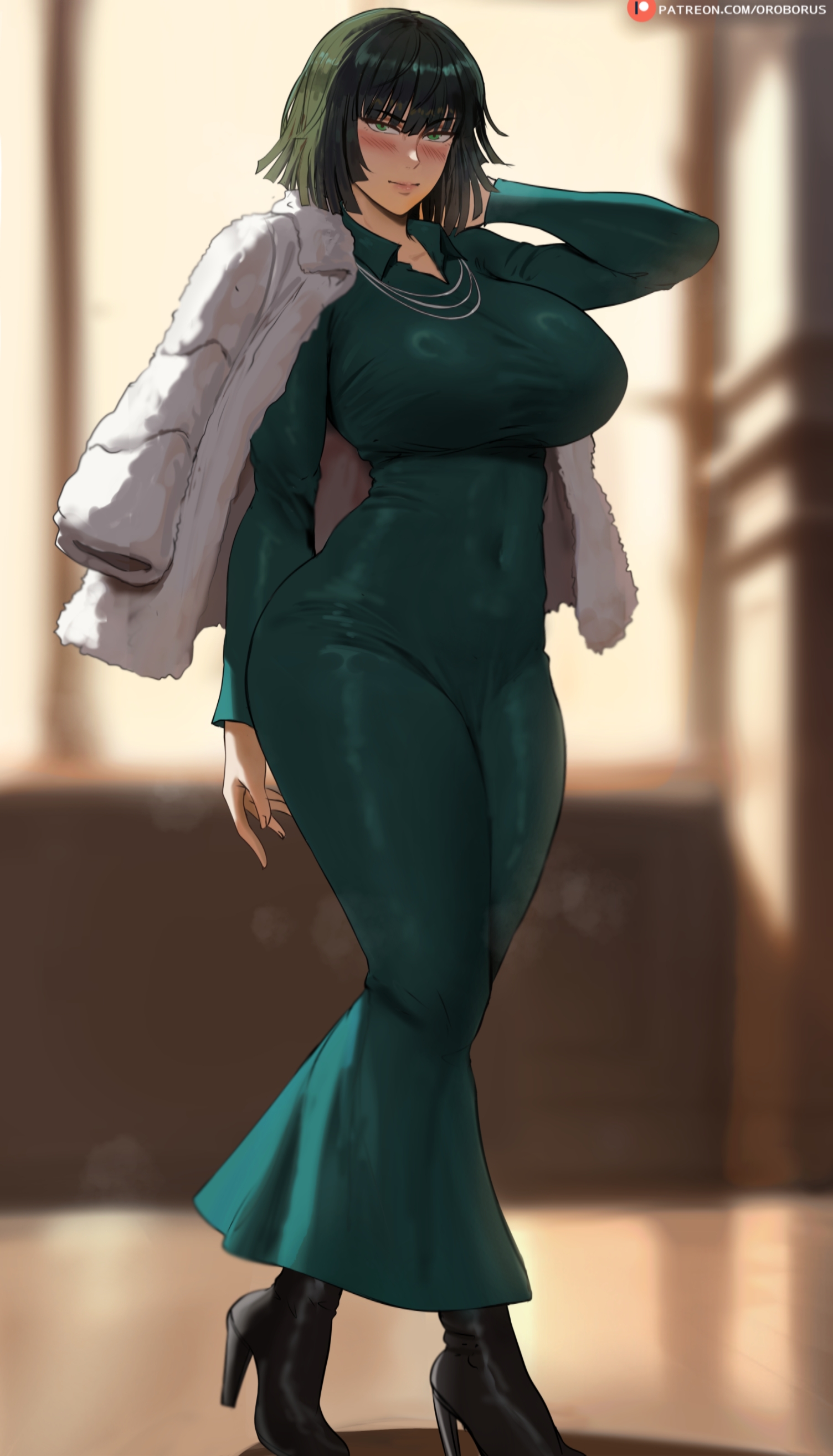 1girls, big breasts, boots, breasts, dress, elegant, female, female focus, female only, fubuki (one-punch man), full body, girly, high heel boots, high heels, high quality, highres, hourglass figure, huge breasts, large breasts, leather boots, light skin, light-skinned female, mature female, one-punch man, oroborusart, sexy pose, slim waist, standing, thick thighs, thigh boots, thigh highs, thighhighs, thighs, wide hips