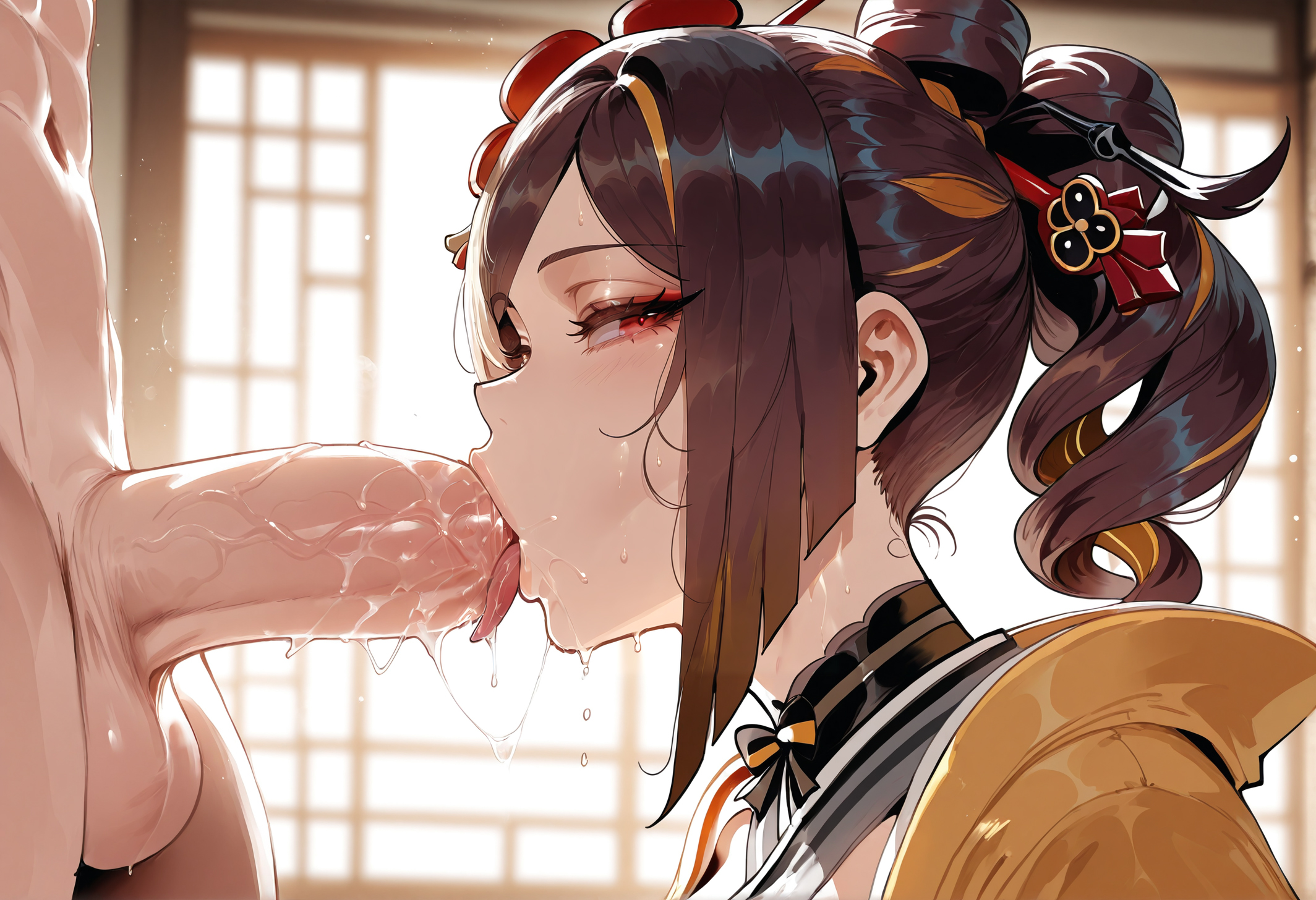 1boy, 1girls, ai generated, balls, bangs, blush, breasts, brown hair, chiori (genshin impact), clothed female nude male, clothing, curvaceous, curvaceous female, curvaceous figure, curvy, curvy figure, erection, eyeshadow, fellatio, female, female focus, genshin impact, hair bun, hair ornament, hair stick, hoyoverse, indoors, japanese clothes, large breasts, large penis, licking, light skin, light-skinned female, long hair, looking at viewer, makeup, male, miyuai, multicolored hair, nude, oral, penis, ponytail, red eyes, saliva, saliva trail, semen, sidelocks, solo focus, straight, streaked hair, sweat, testicles, tongue, tongue out, traditional clothes, two-tone hair, veins, veiny penis, voluptuous, voluptuous female, wafuku