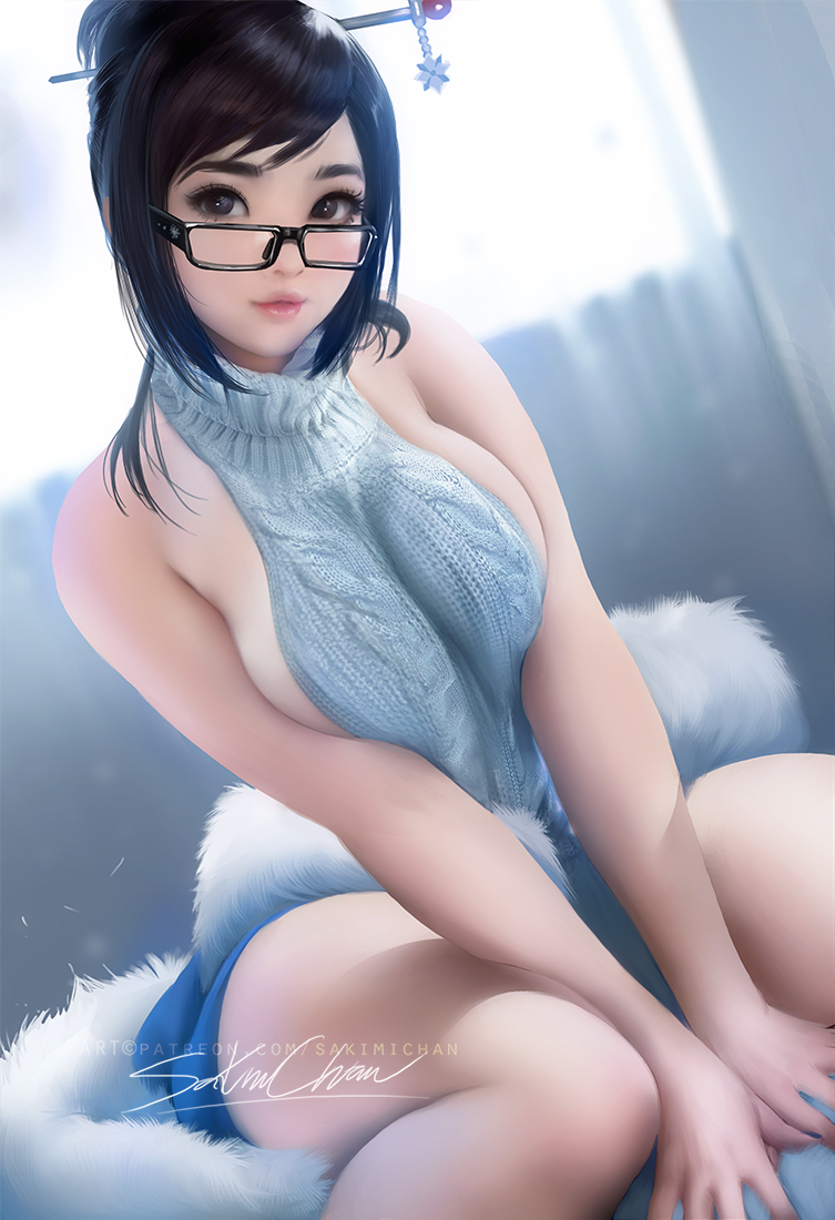 1girls, asian, breasts, busty, chubby, cleavage, curvy, female, female only, glasses, lipstick, makeup, mascara, mei (overwatch), nerd, overwatch, sakimichan, sideboob, sitting, solo, sweater, thick thighs, virgin killer sweater, voluptuous, wide hips