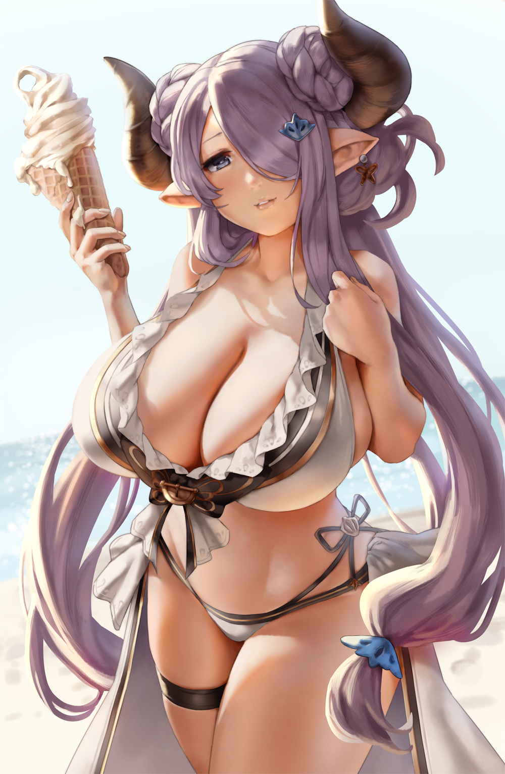 bikini, blue eyes, breasts, cleavage, eu03, female, granblue fantasy, hair over one eye, horns, ice cream, large breasts, long hair, narmaya (granblue fantasy), outdoors, pointy ears, purple hair, smile, solo