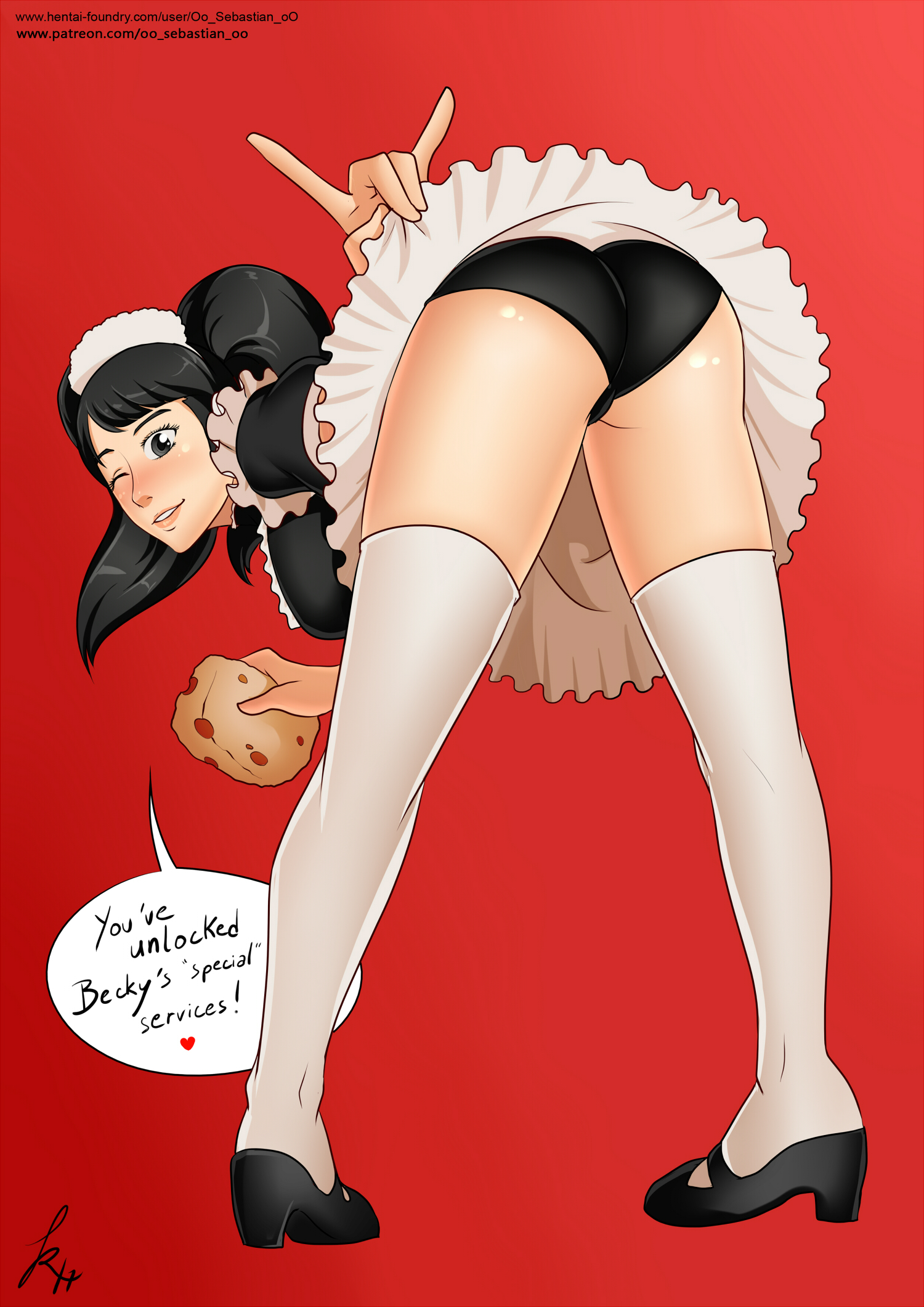 1girls, ass, becky (persona), female, female only, looking at viewer, looking back, maid, maid headdress, maid uniform, panties, persona, persona 5, presenting, sadayo kawakami, skirt, solo, speech bubble, text, thighhighs, upskirt