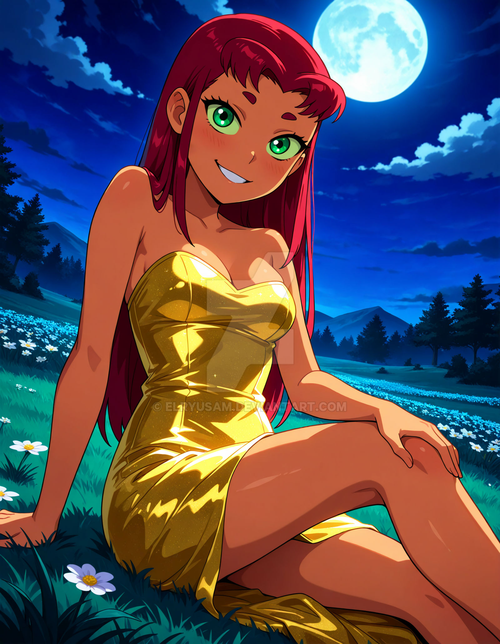 2025, ai generated, cartoon network, dc, dc comics, deviantart, elryusam, female, golden dress, green eyes, hand on ground, hand on knee, meta, not porn, orange body, orange skin, red cheeks, red eyebrows, red hair, sitting on grass, sitting on ground, starfire (teen titans), teen titans, teeth showing
