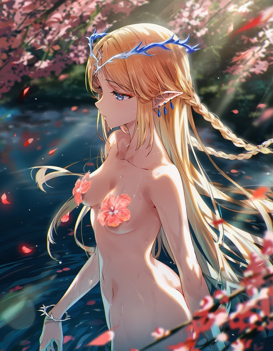 ai generated, ass, breasts, breasts covered, cartethyia (wuthering waves), cherry blossoms, curvy body, curvy female, female, female only, forest background, naked female, neutral expression, nipples covered, oasis, raaicave, sunlight rays, water background, wuthering waves