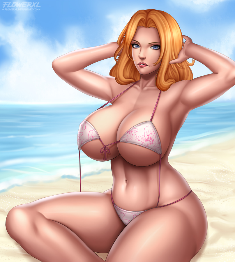 1girls, abs, big breasts, bikini, bleach, breasts, cleavage, female, female only, flowerxl, huge breasts, large breasts, looking at viewer, matsumoto rangiku, sitting, solo, text, thick thighs, uncensored, watermark, wide hips