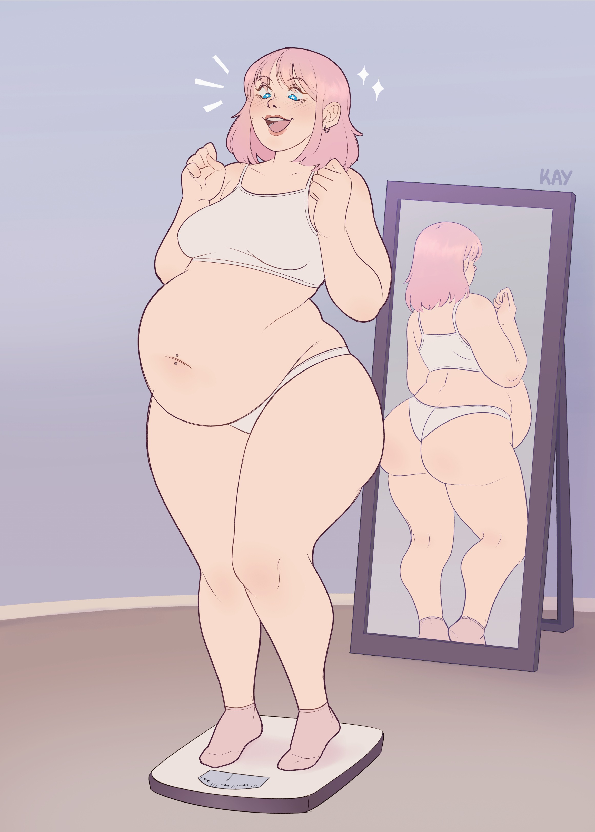 1girls, 2023, 2girls, absurd res, absurd resolution, absurdres, amelia (the k64), ankle socks, anklehighs, arms up, ass, bangs, bathroom scale, belly, belly overhang, big ass, big belly, blue eyes, blush, blush lines, bob cut, bra, breasts, chubby, chubby female, colored, commission, digital media (artwork), dual persona, earring, earrings, enjoying, enjoying weight gain, excited, fat, fat ass, fat belly, fat female, fat fetish, fat thighs, feedee, feederism, female, full lips, happy, huge belly, implied weight gain, kay inthedark, knock-kneed, light skin, light-skinned female, lingerie, lingerie only, love handles, loving it, medium breasts, medium hair, mirror, mirror reflection, navel piercing, oc, open mouth, open mouth smile, original, original character, overweight, overweight female, panties, partially clothed, partially clothed female, piercing, pink hair, pink socks, pink-haired female, sequence, signature, socks, solo, spillage, sports bra, standing, standing on weighing scale, star (symbol), star-shaped pupils, stuffed belly, swept bangs, thick, thick thighs, underass, weighing scale, weighing self, weight gain, weight gain female, white bra, white panties