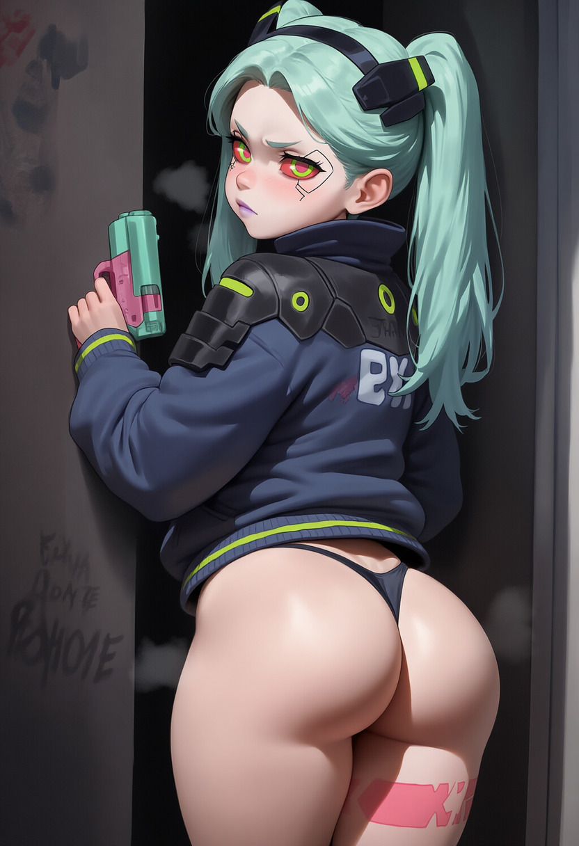 ai generated, cyberpunk 2077, cyberpunk: edgerunners, female, from behind, green hair, holding gun, jacket, looking at viewer, panties, rebecca (edgerunners), solo, standing