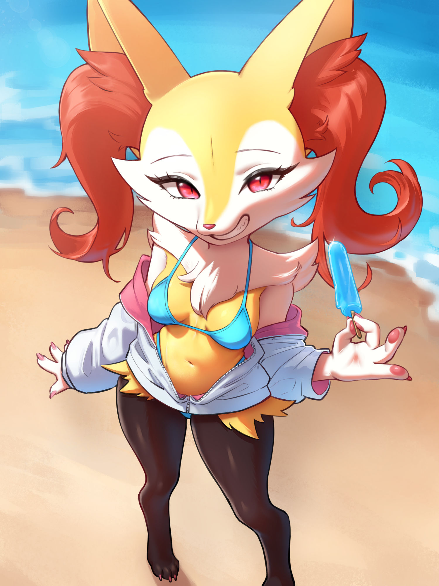 2024, 3:4, anthro, azuu, barefoot, bikini, biped, black body, braixen, breasts, canid, canine, clothing, eyelashes, feet, female, food, fox, fur, furry, generation 6 pokemon, hi res, jacket, looking at viewer, mammal, nintendo, orange body, orange fur, pawpads, pokemon, pokemon (species), popsicle, red eyes, smile, solo, swimwear, teeth, topwear, two-piece swimsuit, white body, white fur, yellow body, yellow fur