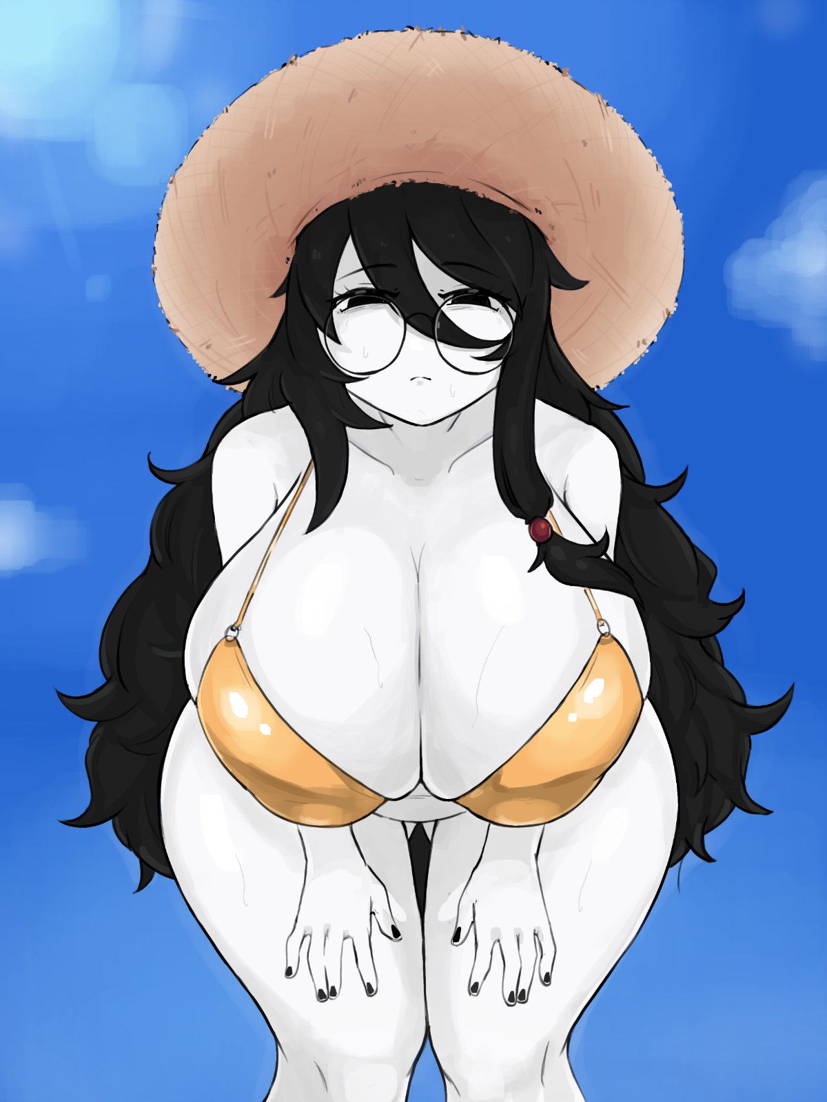 1girls bikini black_hair female huge_breasts leaning_forward tagme
