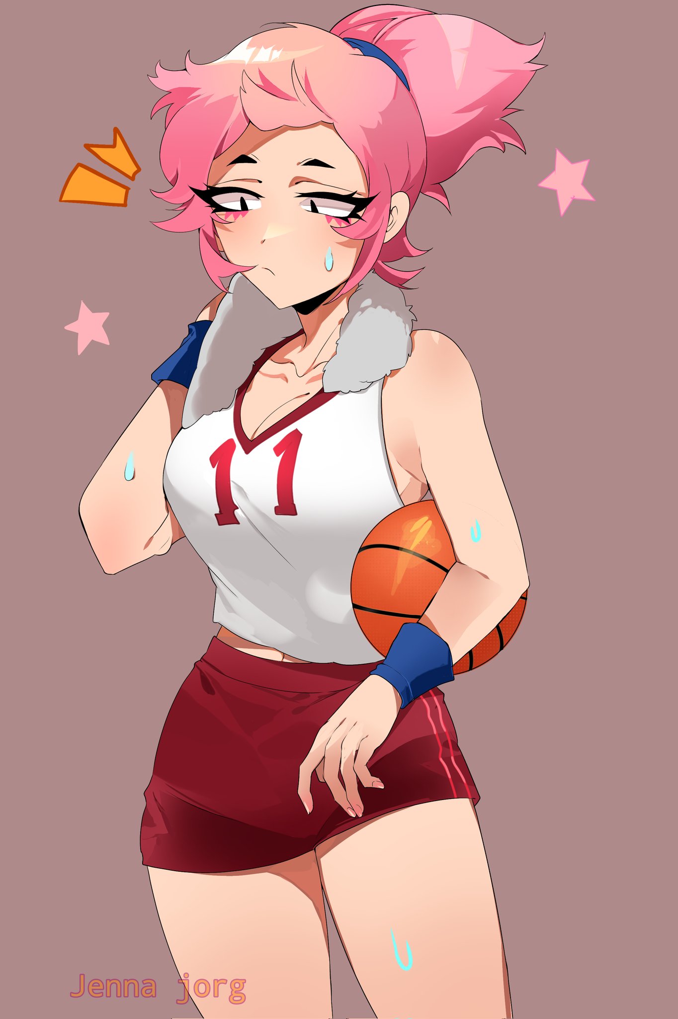 basketball, basketball (ball), brawl stars, cute, female, janet (brawl stars), jenna jorg, makeup, not porn, pink hair, ponytail, red clothing, sportswear, sweating, thick thighs, towel