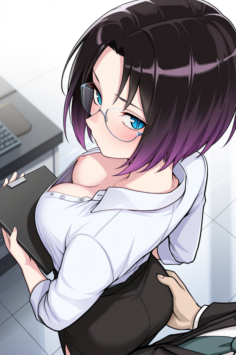 ai_generated blue_eyes blush down_blouse elma_(dragon_maid) glasses groping_ass kobayashi-san_chi_no_maidragon maize nipslip office_lady reluctant two_tone_hair