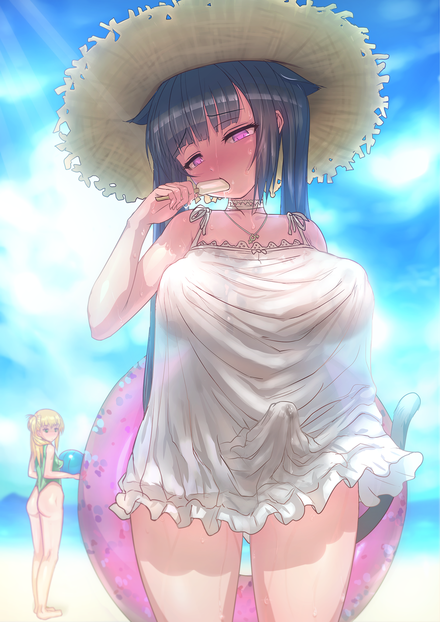 2girls, aya (thon2hk), beach, beach ball, black hair, breasts, dress, female, futanari, intersex, large breasts, one-piece swimsuit, popsicle, precum, precum through clothing, see-through, standing, straw hat, tenting, twintails