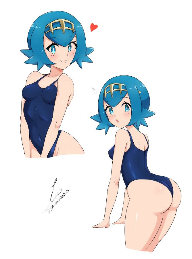 1girls, blue one-piece swimsuit, breasts, emixxcerberus, female, lana (pokemon), medium breasts, nintendo, pokemon, porn, short blue hair, solo, swimsuit, trial captain